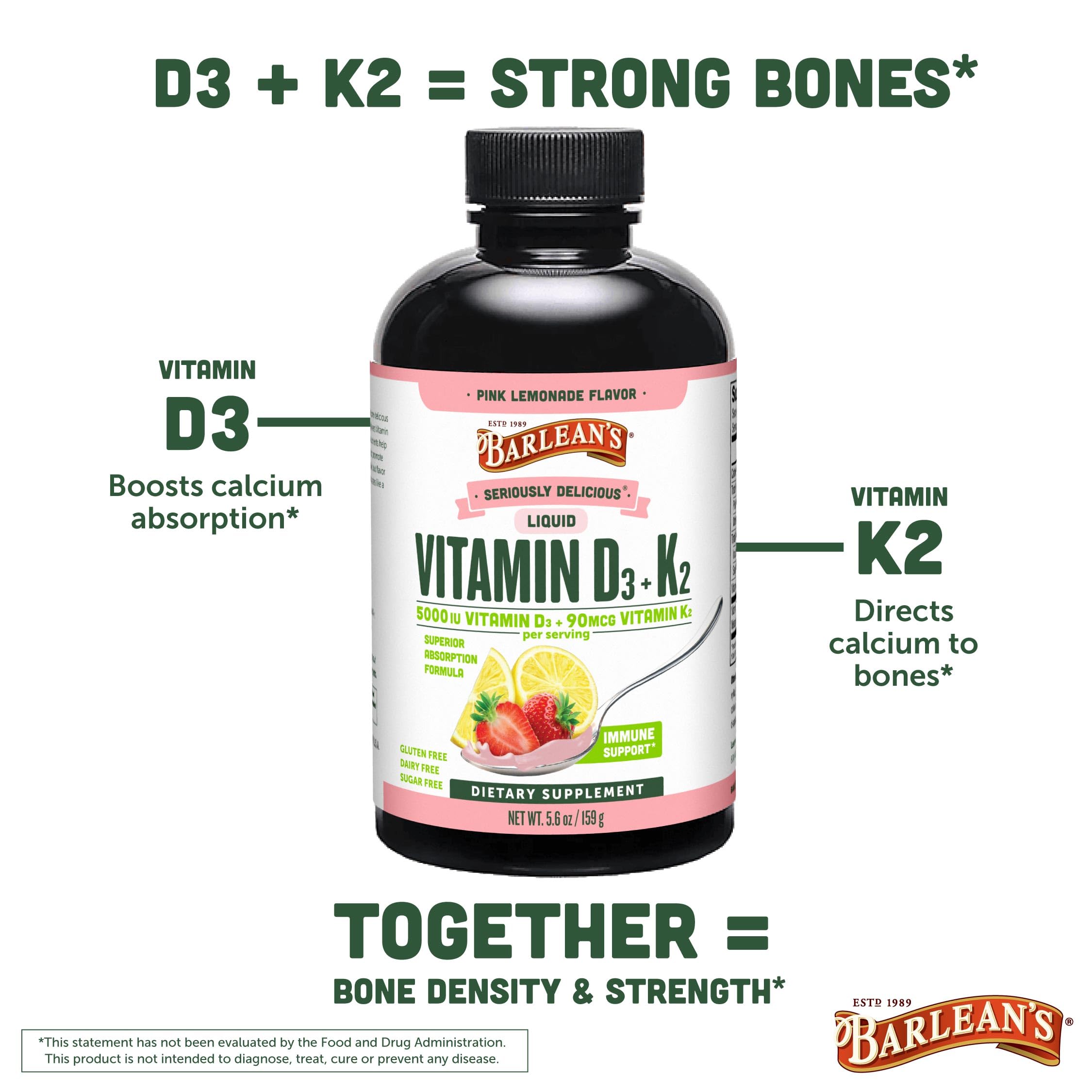 Barlean's D3+K2 Liquid Pack of 2 – Pink Lemonade, 5000 IU