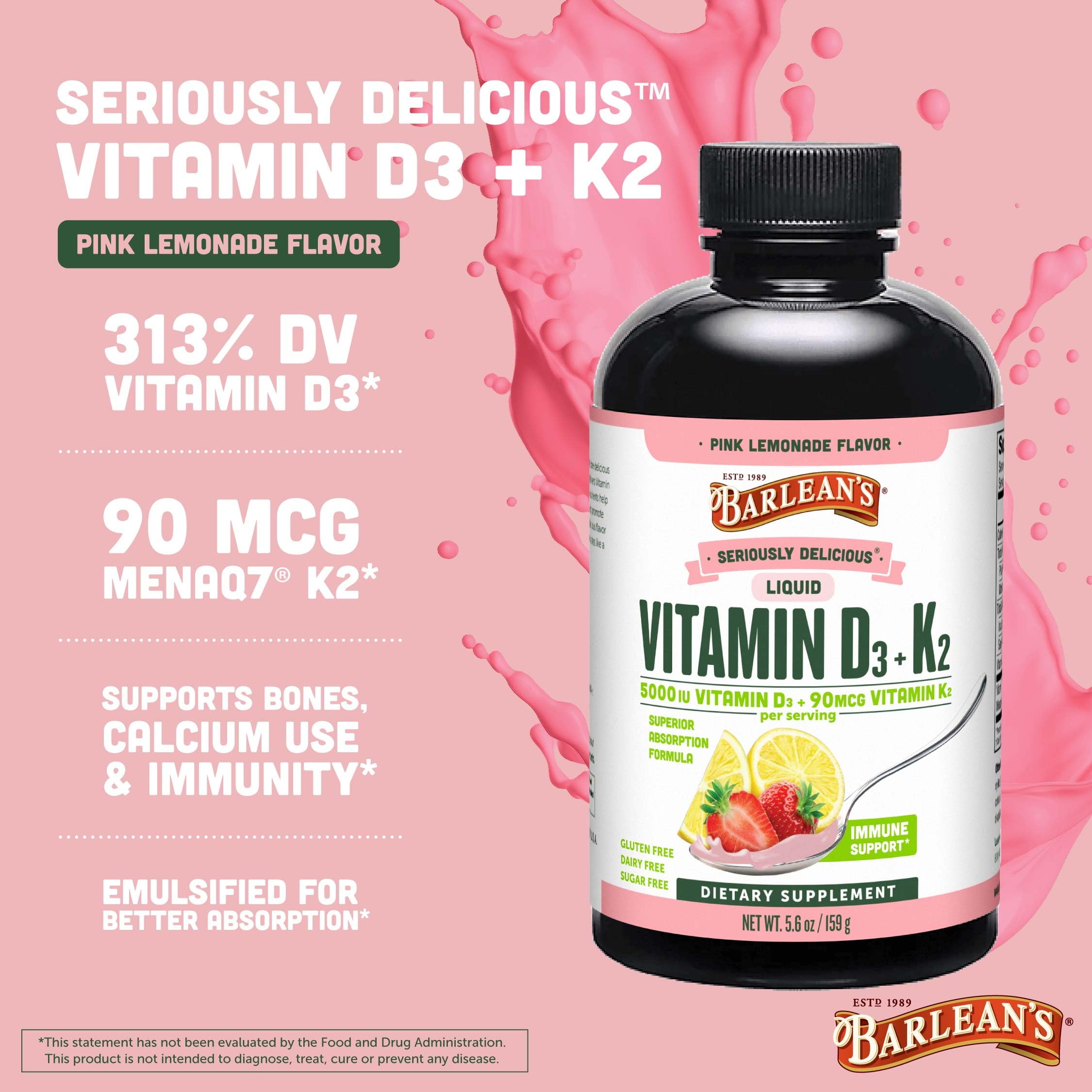 Barlean's D3+K2 Liquid Pack of 2 – Pink Lemonade, 5000 IU