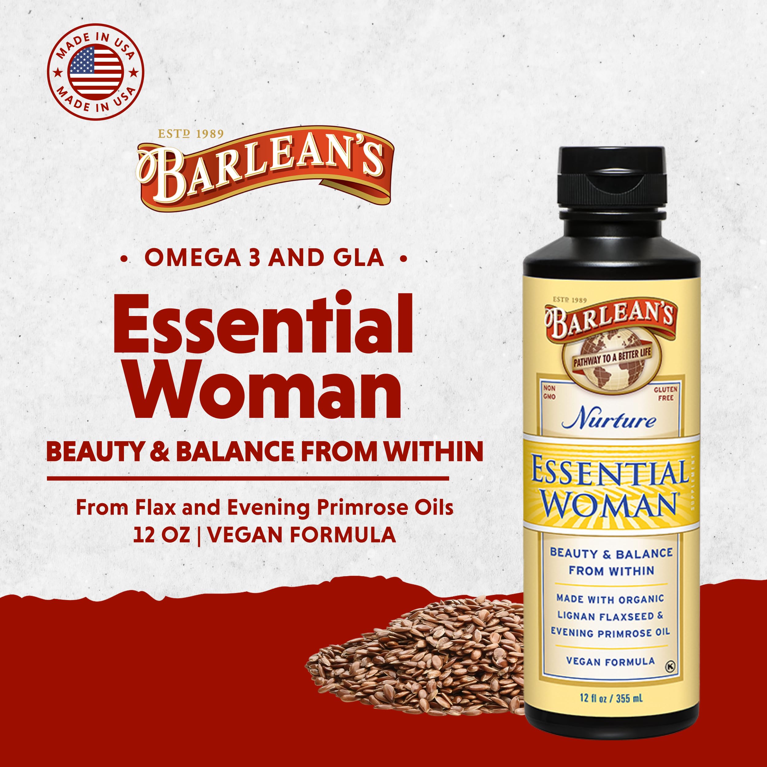 Barlean's Essential Woman Liquid Supplement – 12 oz, Omegas 3-6-9, Flaxseed & Evening Primrose Oil