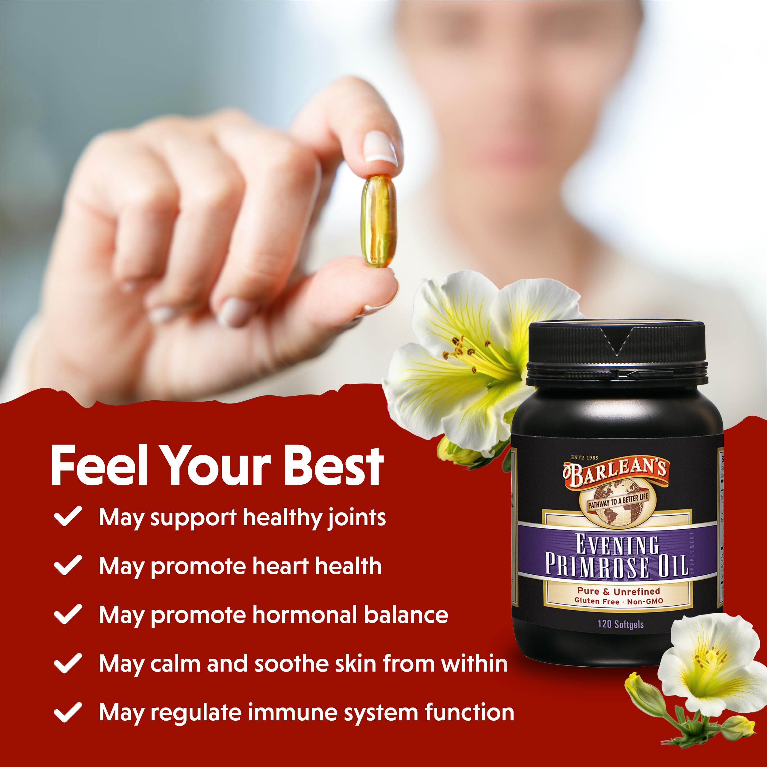 Barlean's Evening Primrose Oil Capsules – GLA for Skin & Immune Support (120 Count)