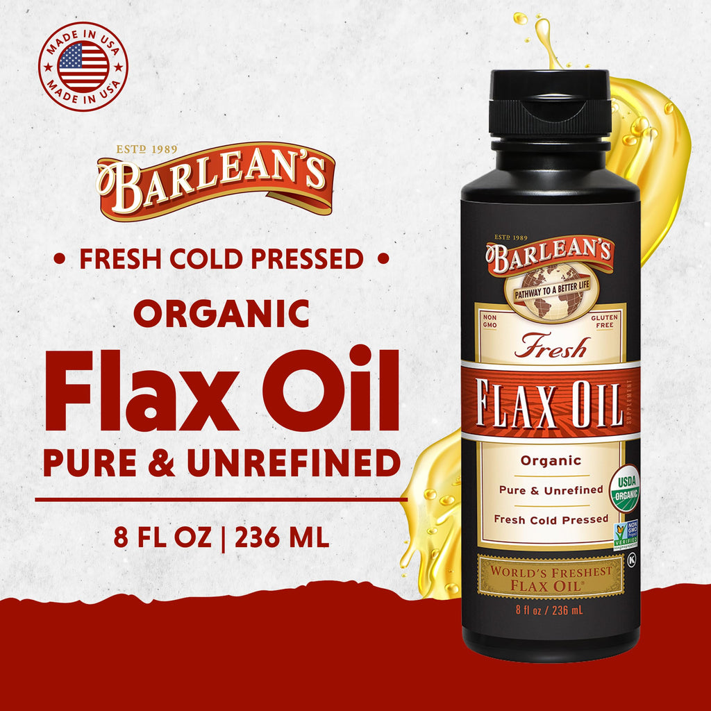Barlean's Organic Flaxseed Oil - Cold-Pressed, 7,640 mg ALA Omega-3, 8 oz | Vegan & Gluten Free