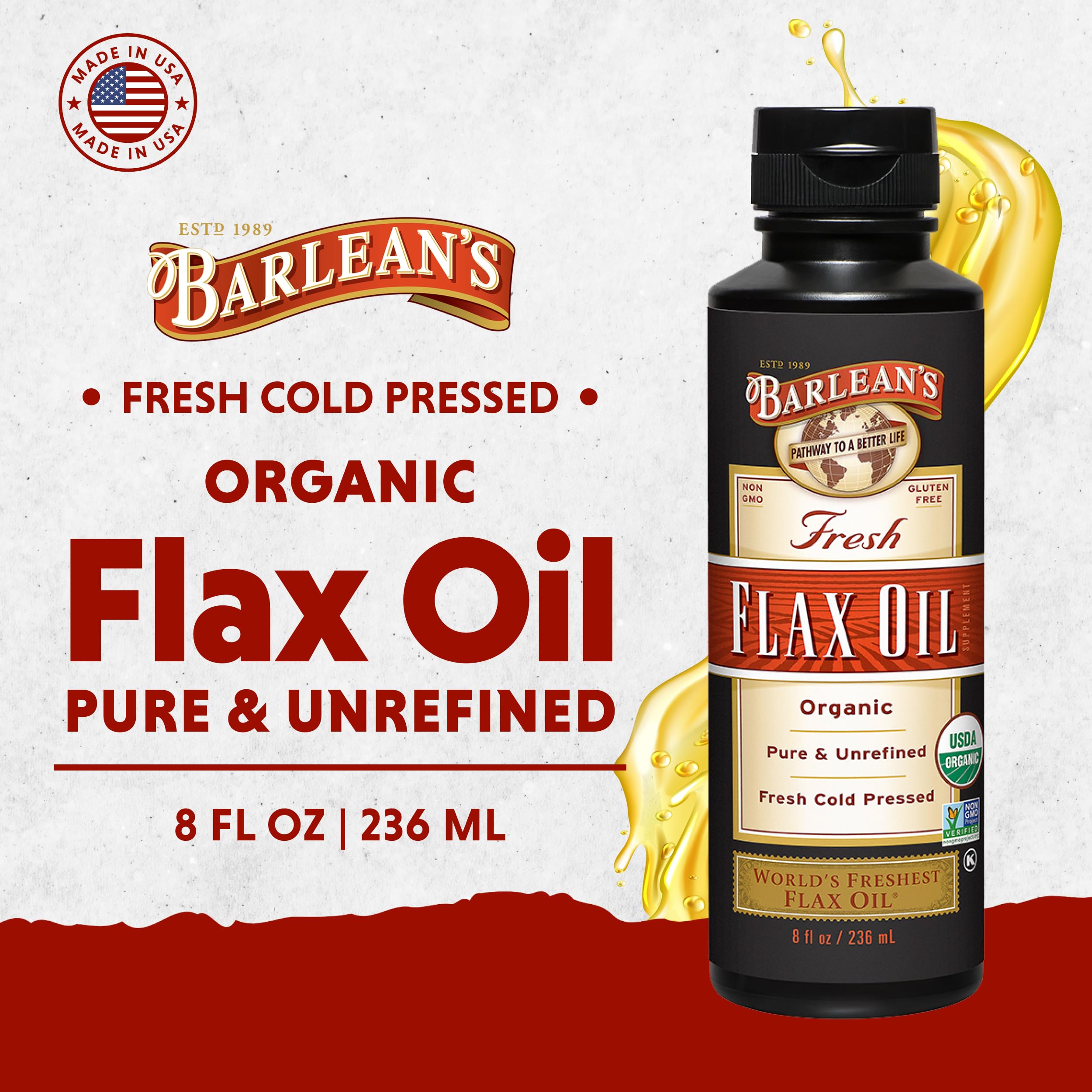 Barlean's Organic Flaxseed Oil - Cold-Pressed, 7,640 mg ALA Omega-3, 8 oz | Vegan & Gluten Free