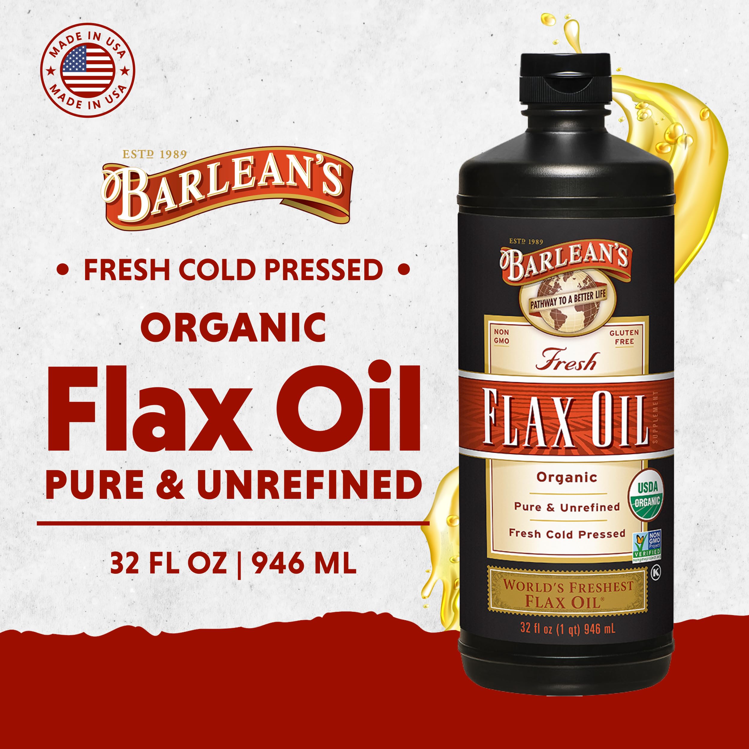 Barlean's Organic Flaxseed Oil Liquid Supplement – Cold-Pressed, 7,640 mg ALA Omega-3 per Tbsp, Vegan & Gluten Free, 32 oz