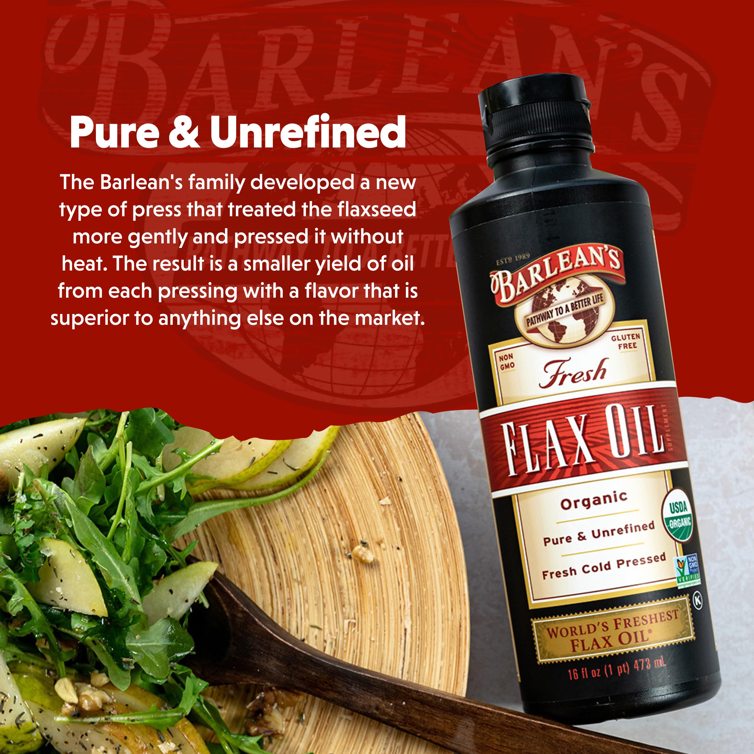 Barlean's Organic Flaxseed Oil - Cold-Pressed, 7,640 mg ALA Omega-3, 8 oz | Vegan & Gluten Free
