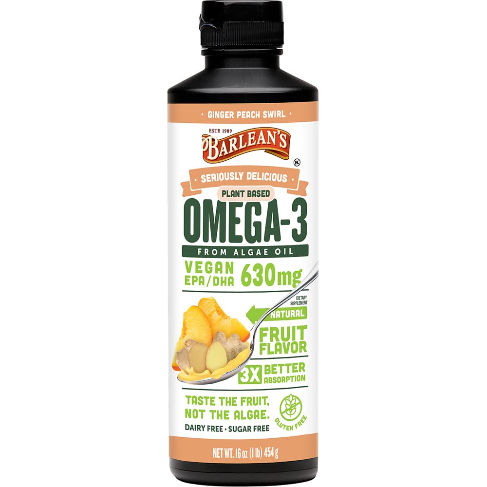 Barlean's Ginger Peach Vegan Omega-3 Algae Oil – 630 mg EPA & DHA, 16 oz