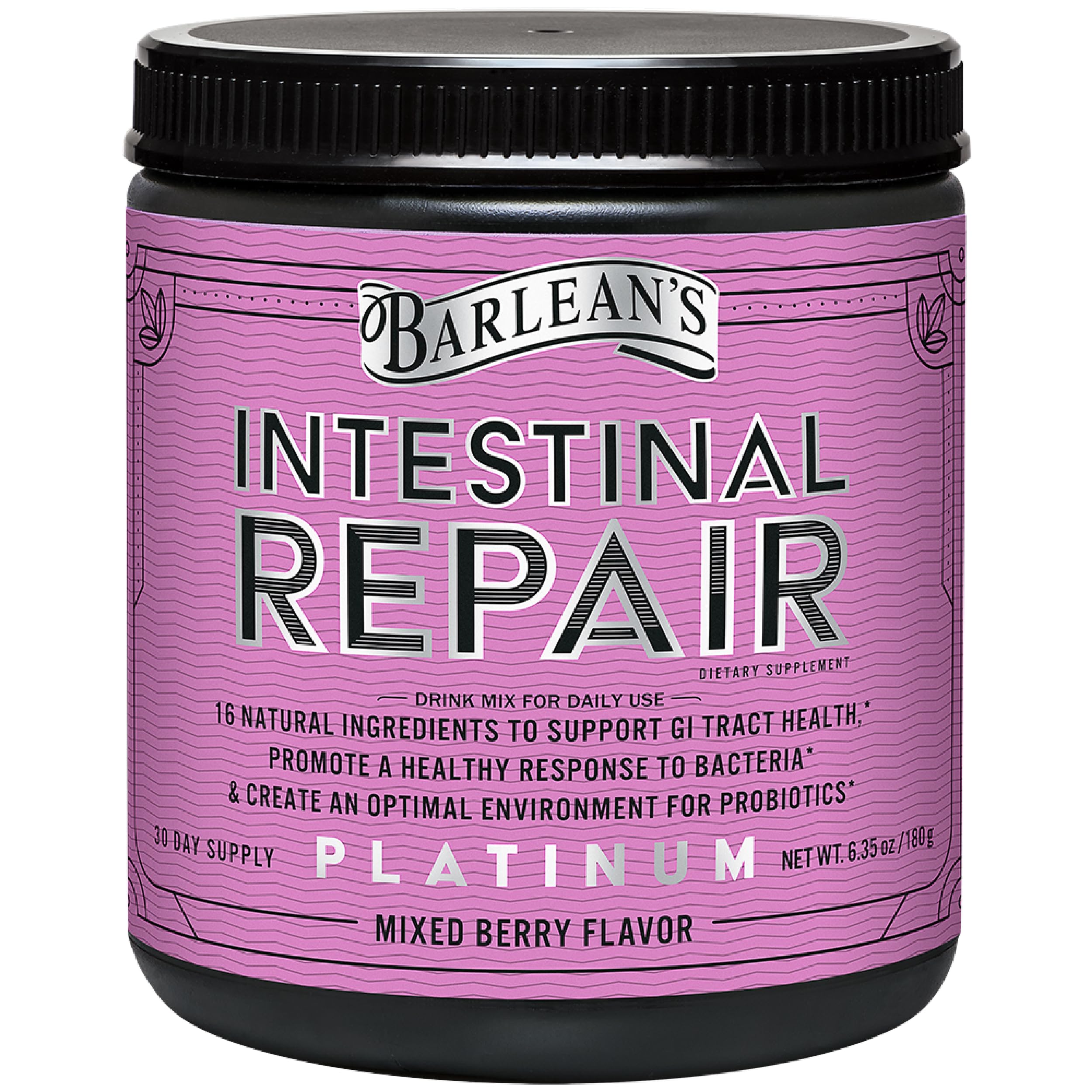 Barlean's Intestinal Repair Gut Health Powder - 16 Digestive Supplements, Mixed Berry, 6.35 oz