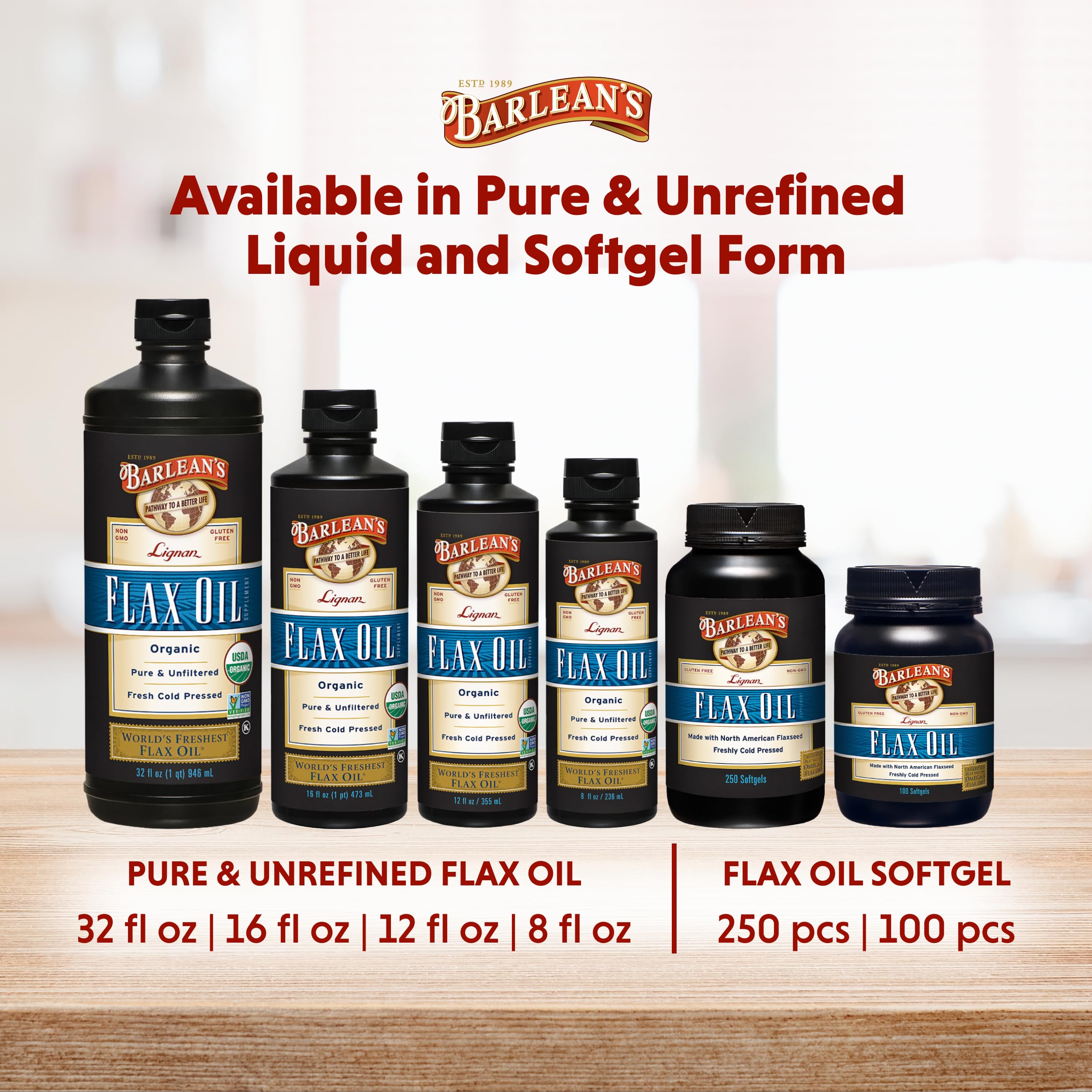 Barlean's Lignan Flaxseed Oil Softgels – 1,550 mg ALA Omega-3, Cold-Pressed, 1000 mg, 250 ct