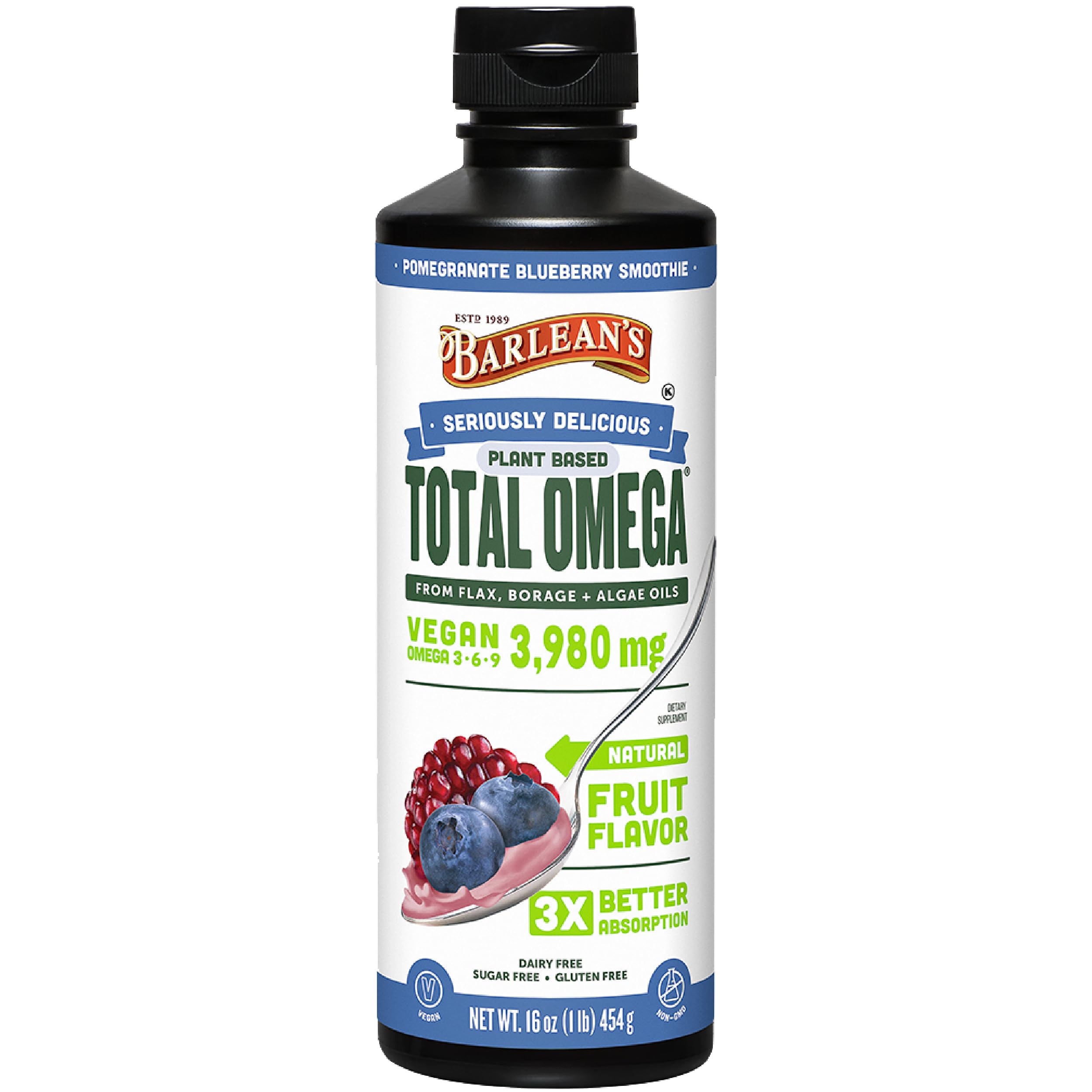 Barlean's Liquid Flaxseed, Borage & Algae Oils – Omega-3-6-9, Pomegranate Blueberry, Vegan EPA/DHA, 16 oz
