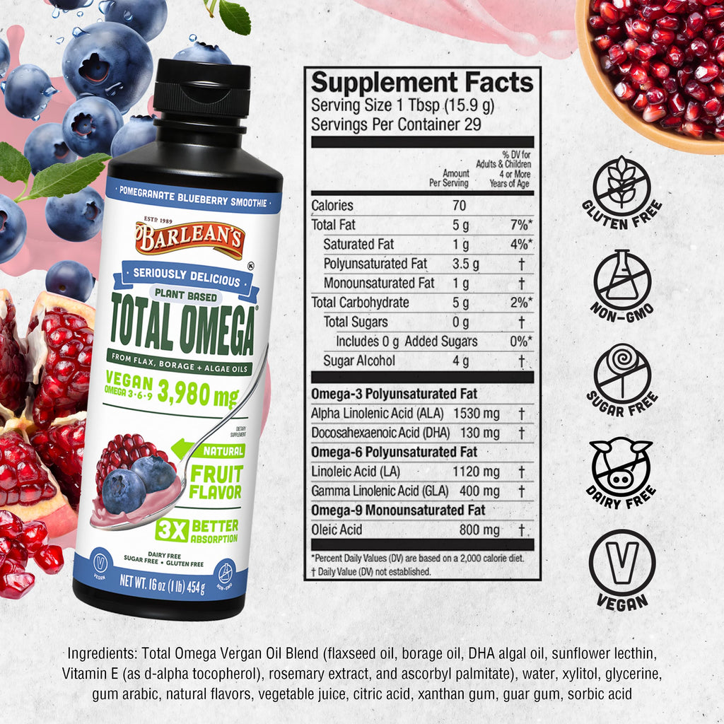 Barlean's Liquid Flaxseed, Borage & Algae Oils – Omega-3-6-9, Pomegranate Blueberry, Vegan EPA/DHA, 16 oz