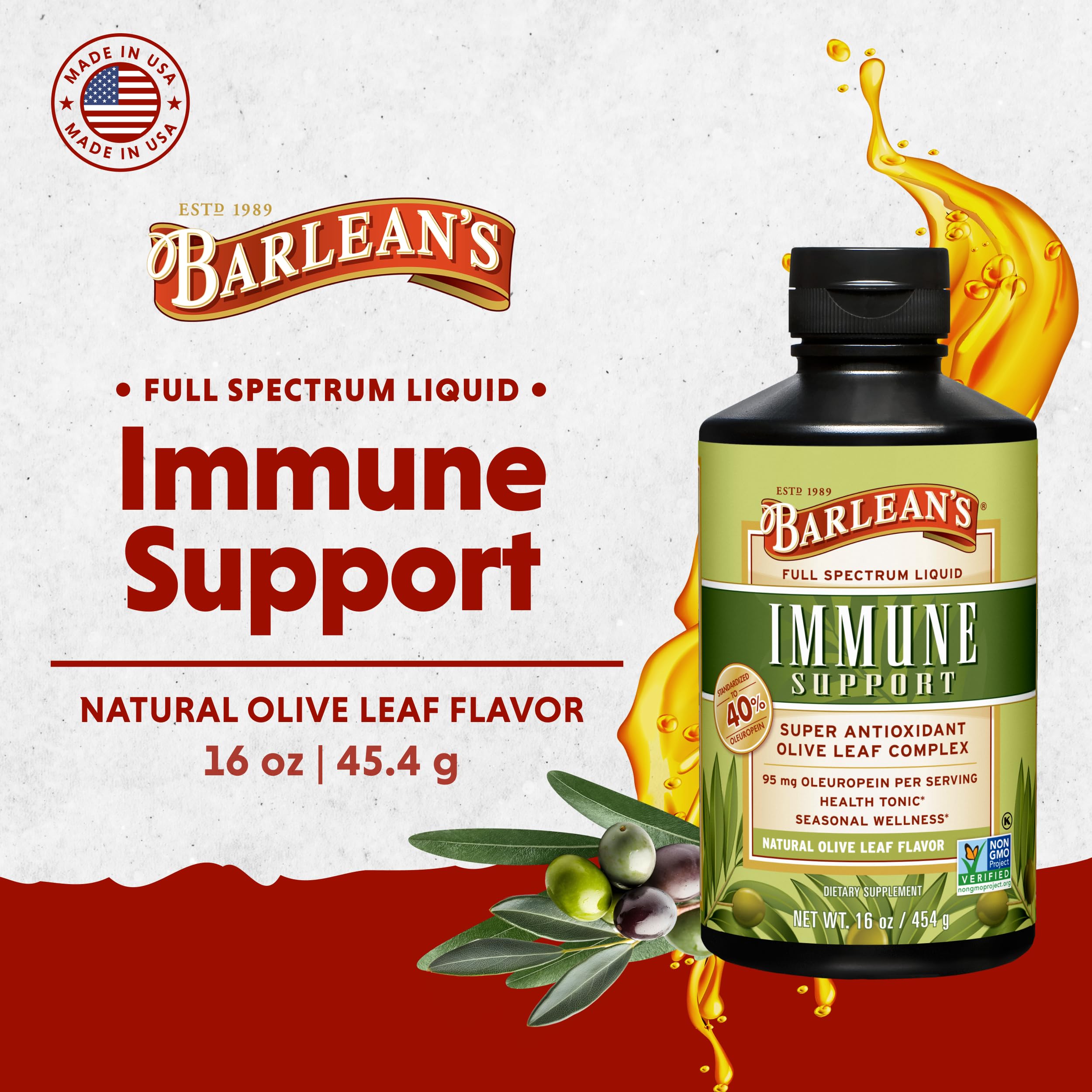 Barlean's Olive Leaf Complex Liquid Immune Support – 95 mg Oleuropein, 16 oz