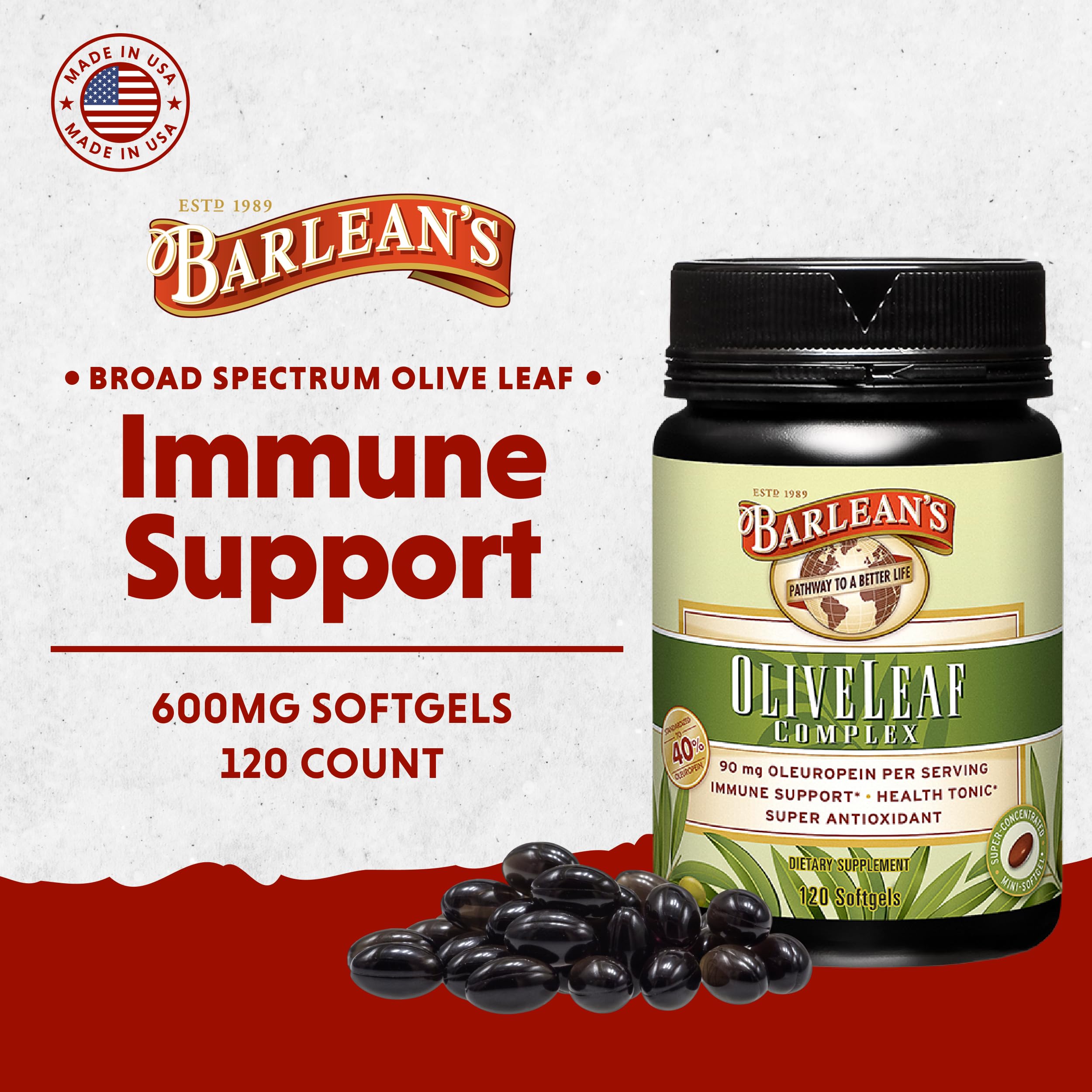 Barlean's Olive Leaf Complex Supplements – Immune Support Softgels, 95 mg Oleuropein, 120 Count