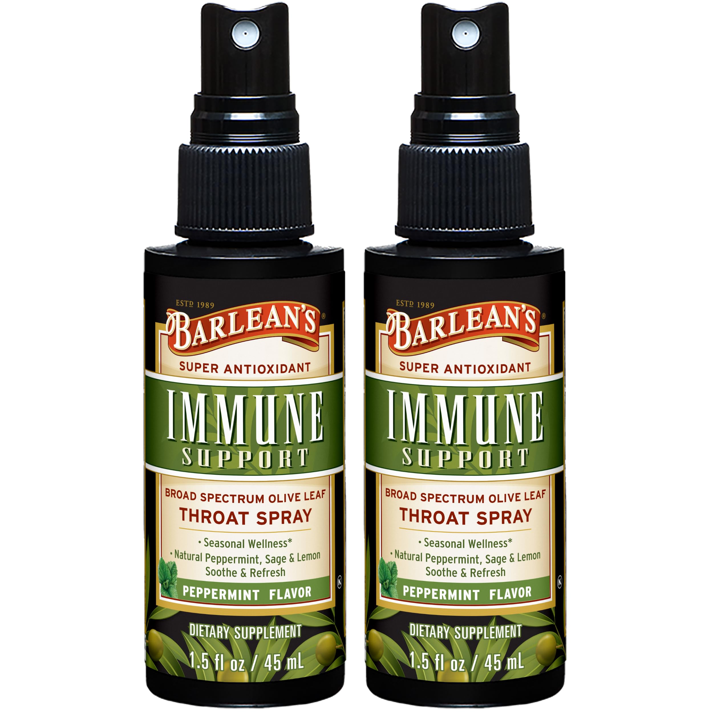 Barlean's Olive Leaf Complex Throat Spray (2 Pack) – Peppermint, Lemon & Sage, 1.5 oz