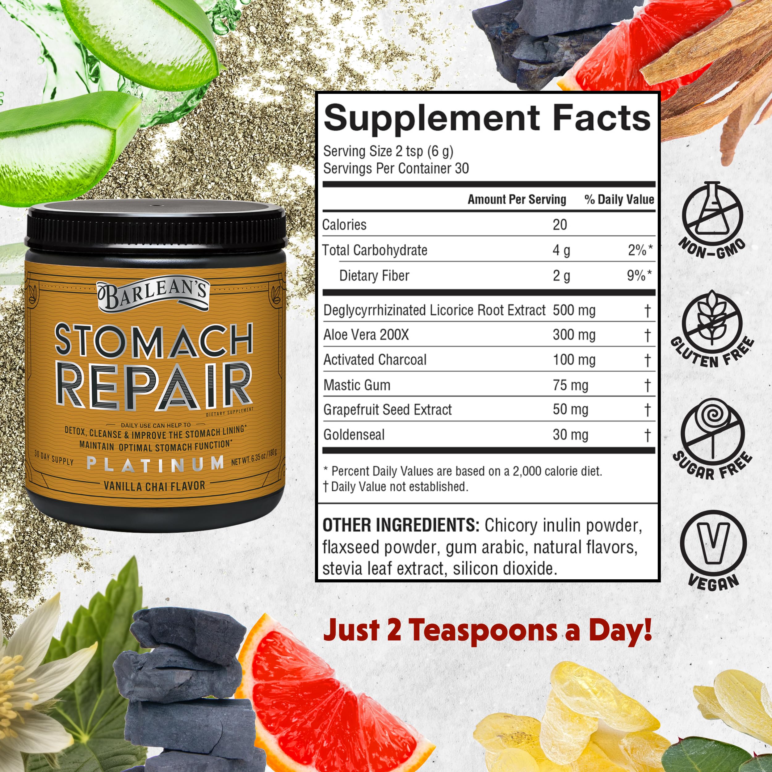 Barlean's Stomach Repair Gut Health Powder – Detox & Digestive Support (Vanilla Chai, 6.35 oz)