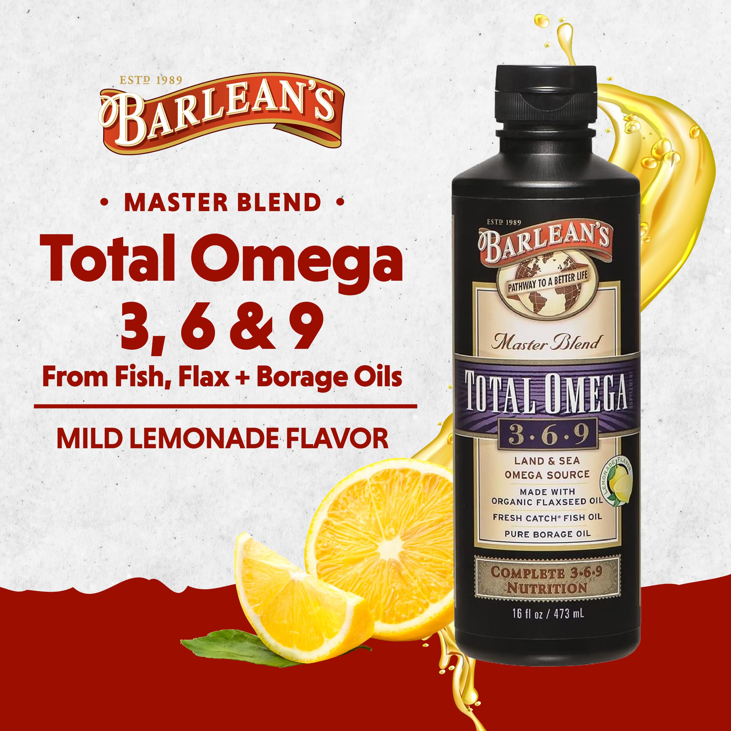 Barlean's Total Omega 3 6 9 Liquid – Lemon Flavor, 16 oz | 6,468 mg Omegas