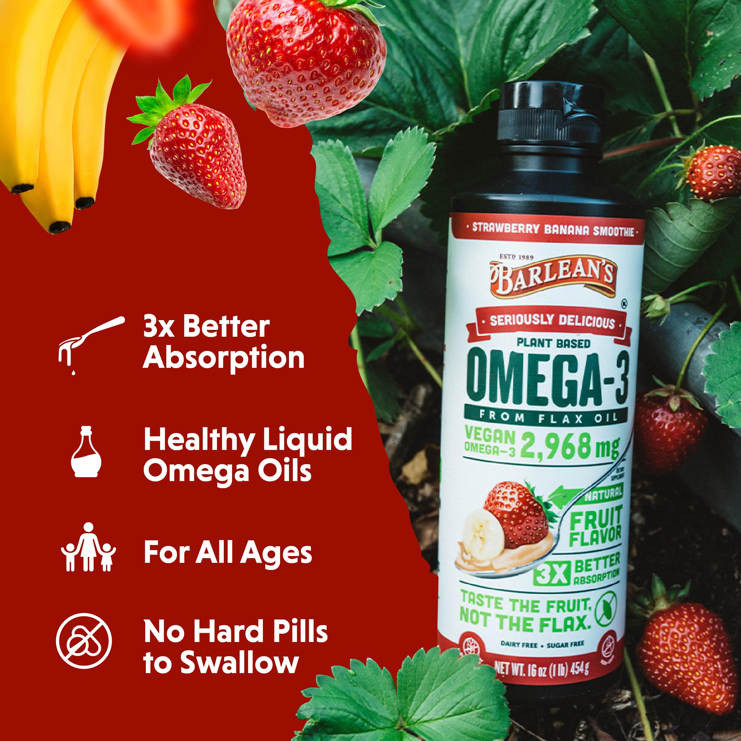 Barlean's Vegan Omega 3-6-9 Flaxseed Oil – Strawberry Banana, 16 oz