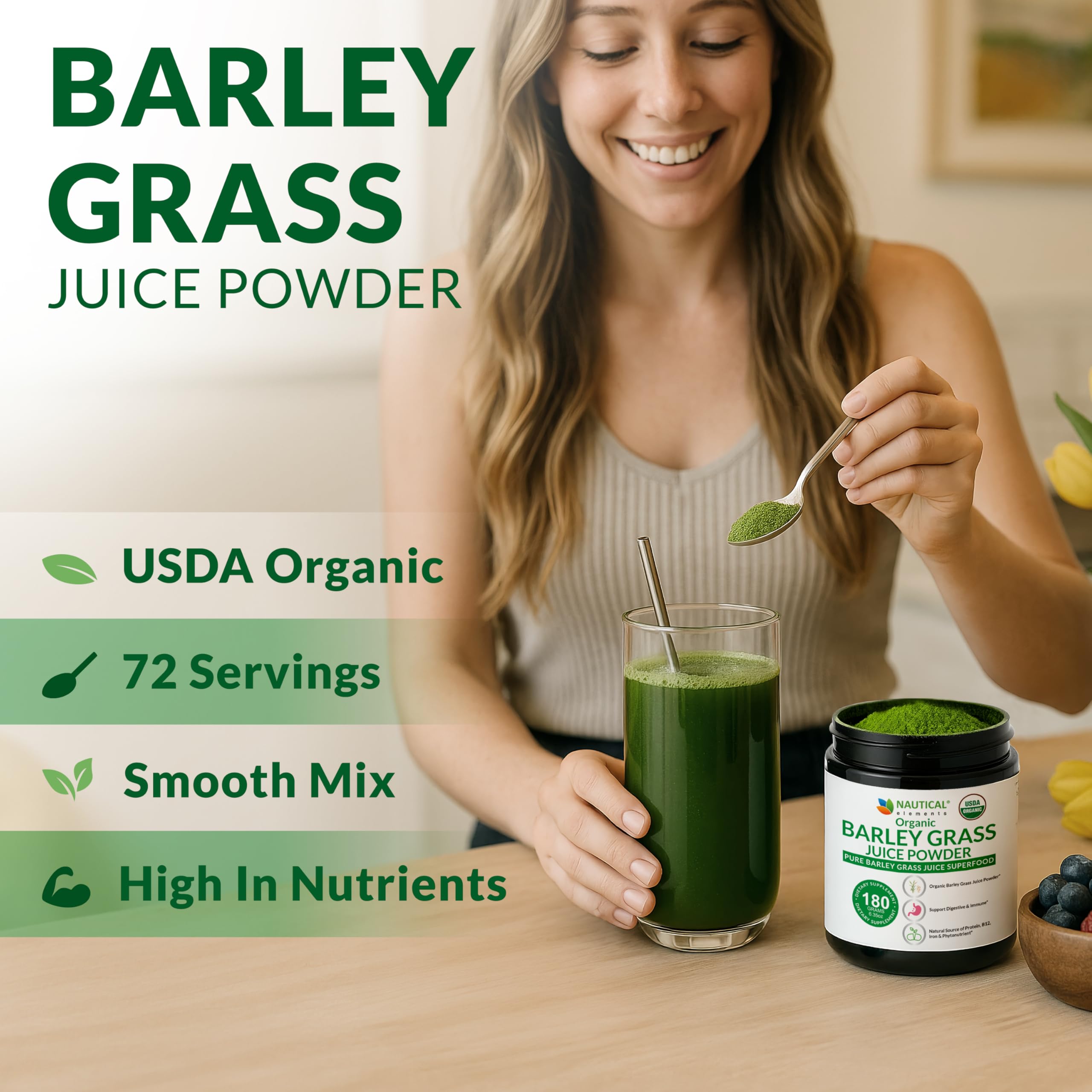 Barley Grass Juice Powder Organic - Raw & Cold-Processed Superfood (6.35oz / 180g) | 72 Servings