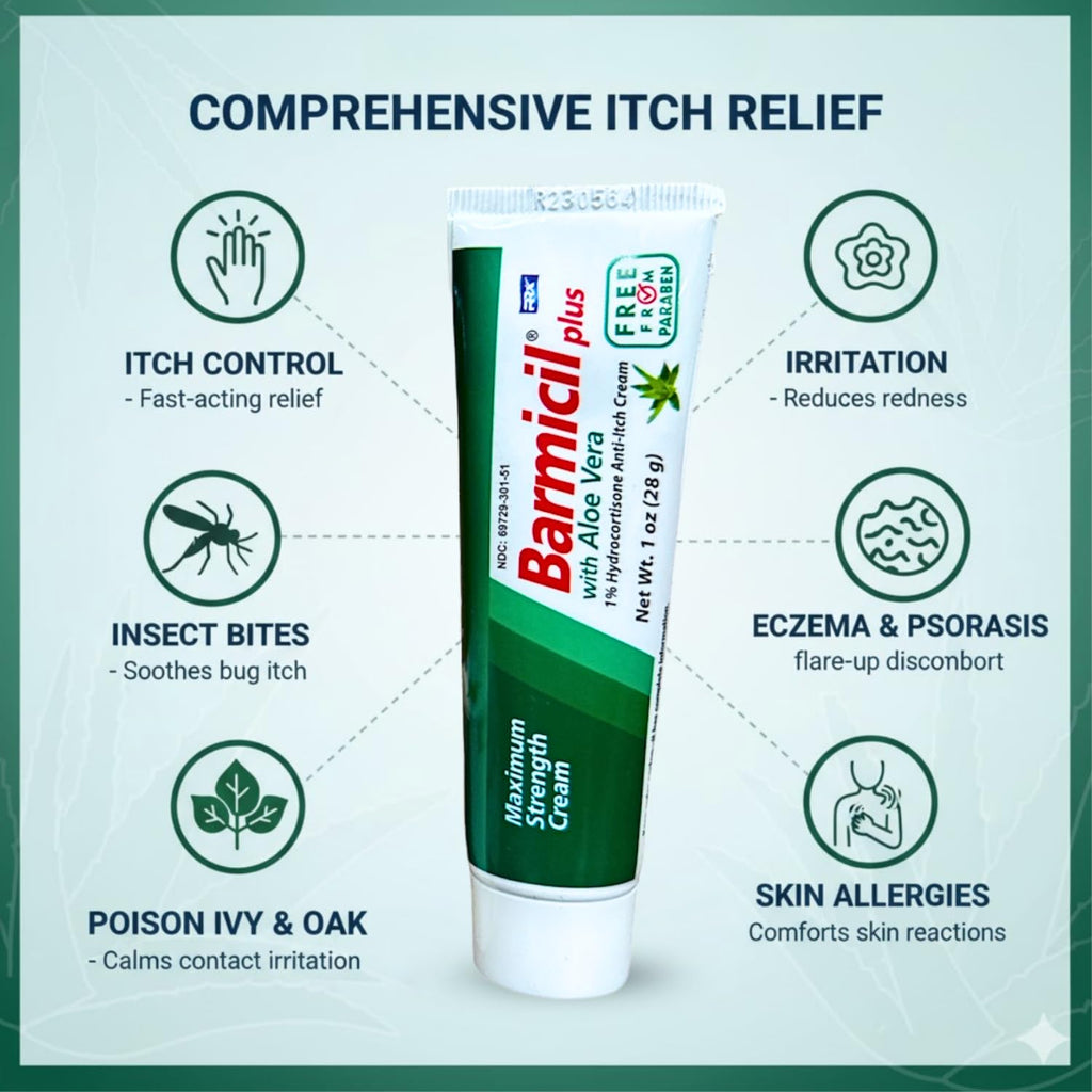 Barmicil Plus Cream 1% Hydrocortisone – Itch Relief for Skin Allergies with Aloe Vera