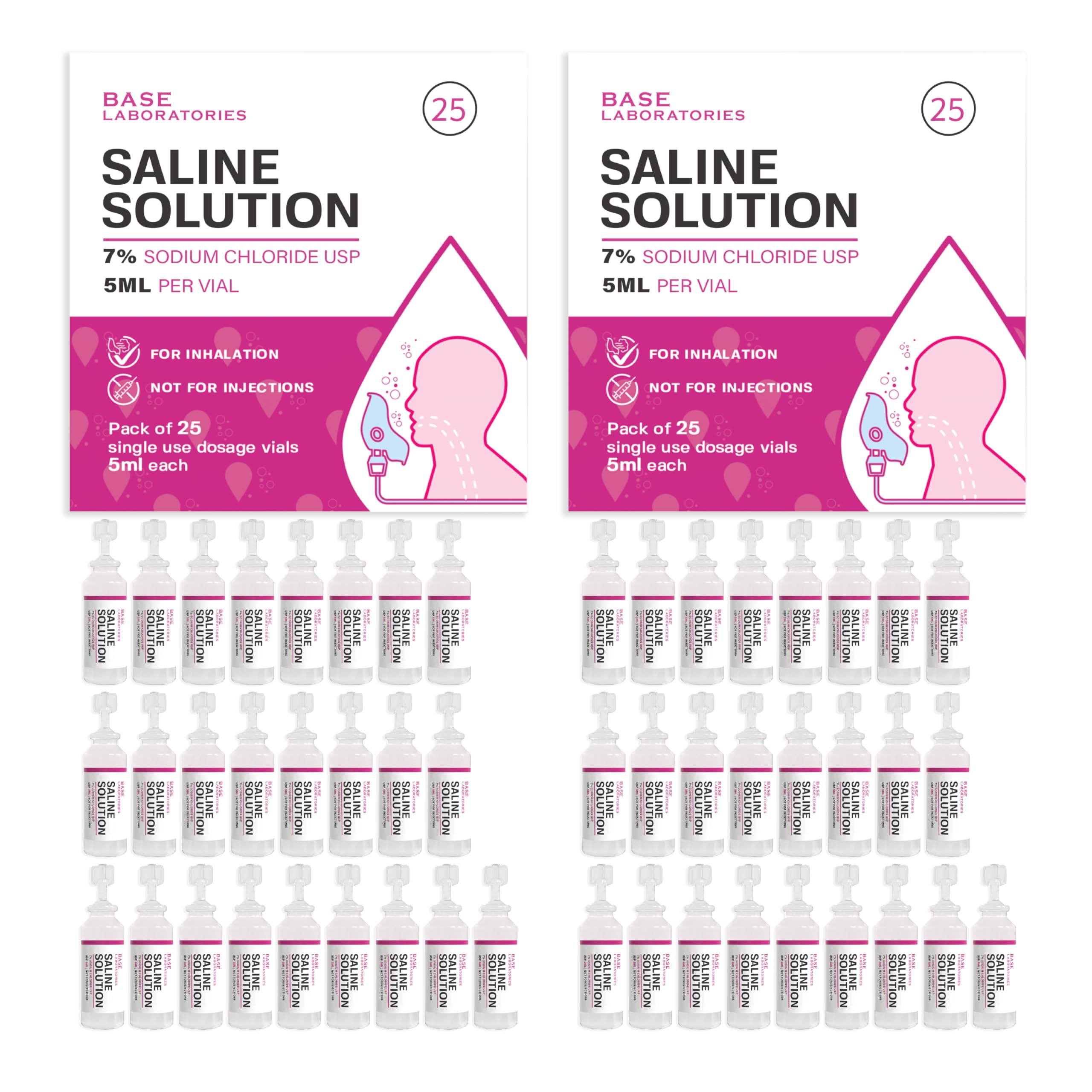 BASE LABORATORIES 7% Saline Solution for Nebulizer — 50 Vials, 5ml Unit Dose | Inhalation & Nasal Irrigation