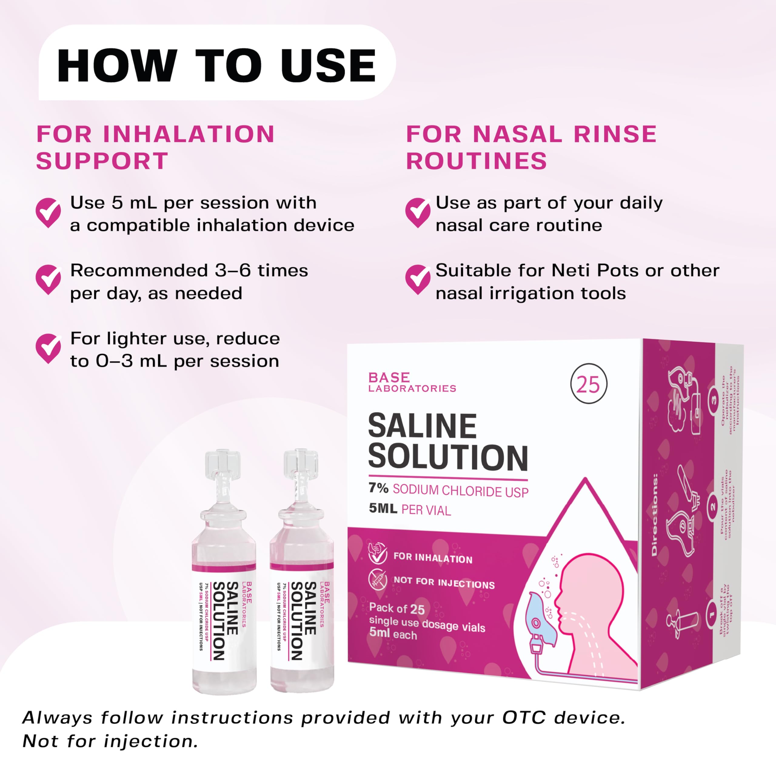 BASE LABORATORIES 7% Saline Solution for Nebulizers – 25 x 5ml Vials for Inhalation & Nasal Irrigation