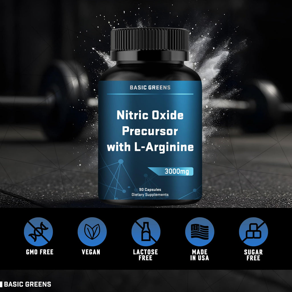 BASIC GREENS L-Arginine 3000mg – Vegan Nitric Oxide Booster for Endurance & Energy | 180 Capsules