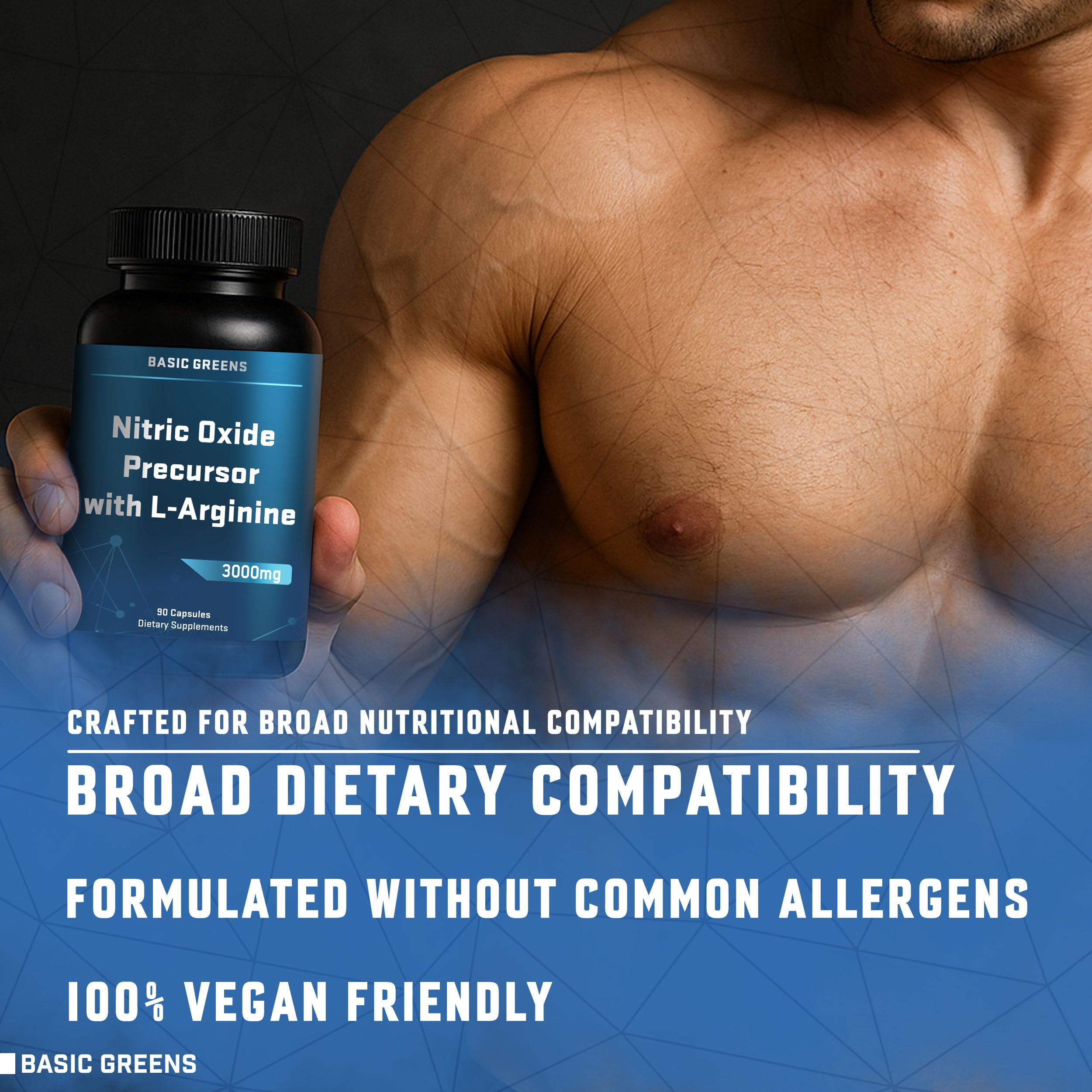 BASIC GREENS L-Arginine 3000mg – Vegan Nitric Oxide Booster for Endurance & Energy | 180 Capsules