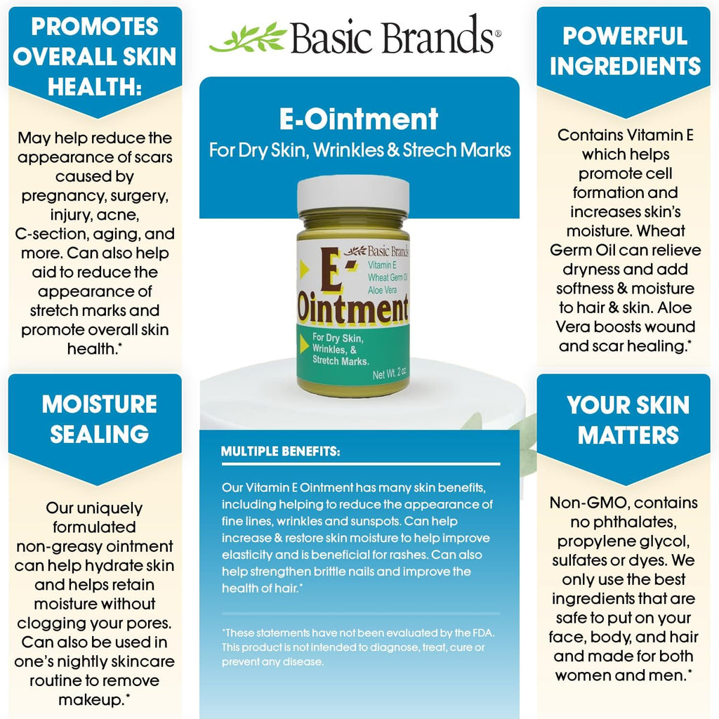 Basic Organics Vitamin E Ointment, 2 oz – Moisture Boost, Supports Scars & Fine Lines