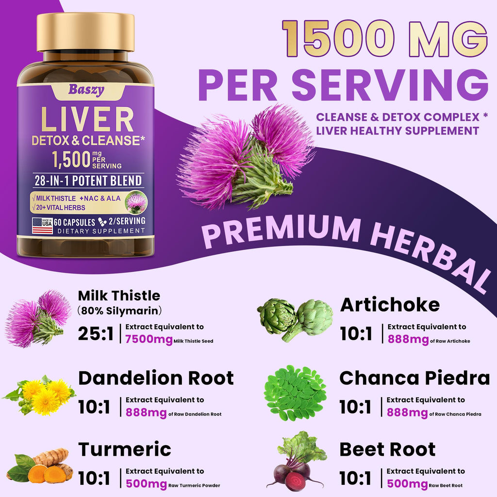 Baszy 28-in-1 Liver Cleanse & Repair – 1500mg Liver Support with Milk Thistle, 20+ Herbs | Made in USA | 60 Capsules
