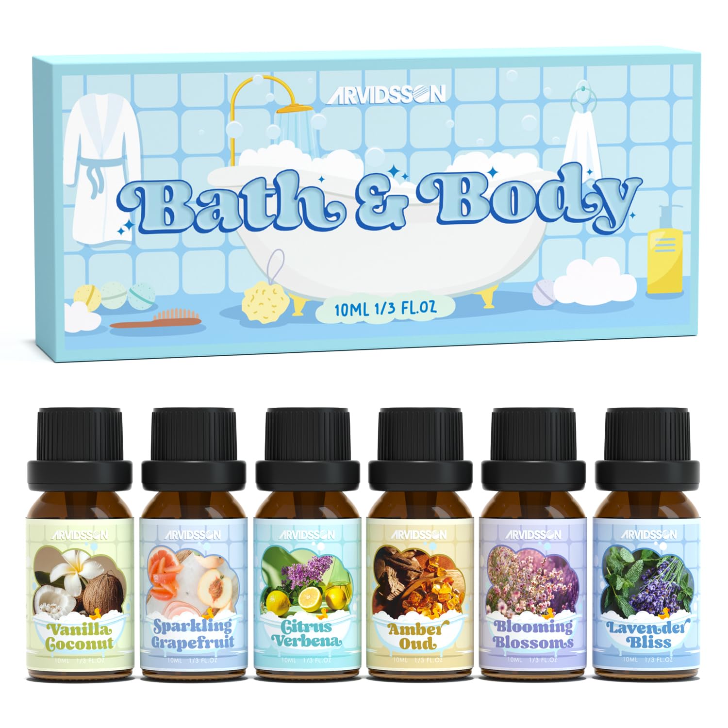 Bath Fragrance Oils Set by ARVIDSSON – Vanilla & Coconut, Lavender Bliss, Sparkling Grapefruit, Citrus Verbena, Amber Oud | Natural Spa Essential Oils for Diffuser, Soap & Candle Making