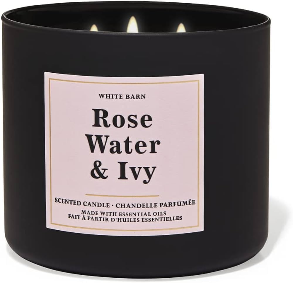 Bath & Body Works White Barn 3-Wick Candle with Essential Oils – 14.5 oz Rose Water & Ivy (2021 Core Scents)