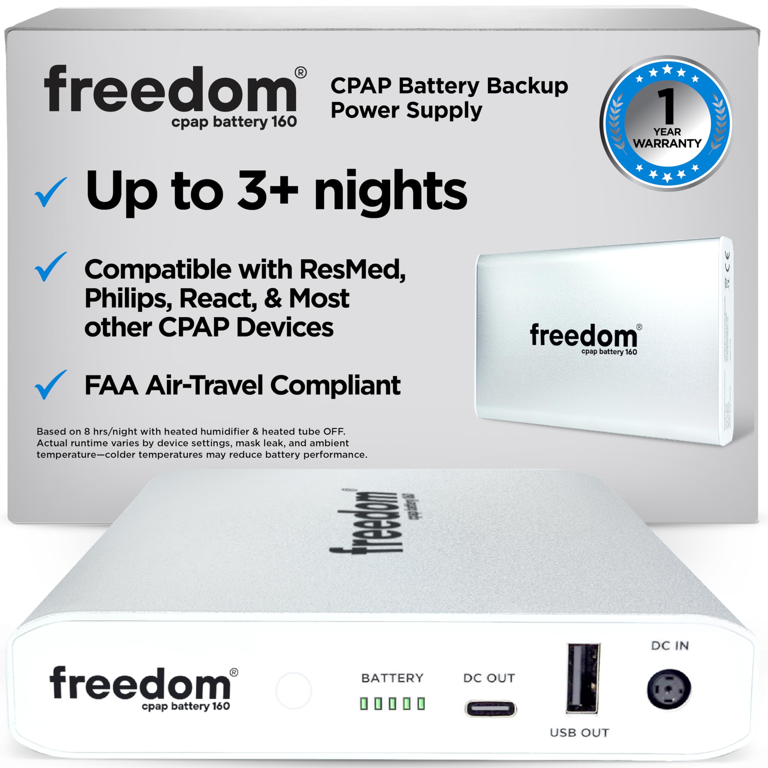 Freedom CPAP Battery 160Wh by Battery Power Solutions – Portable Backup for Travel, Camping & Emergencies
