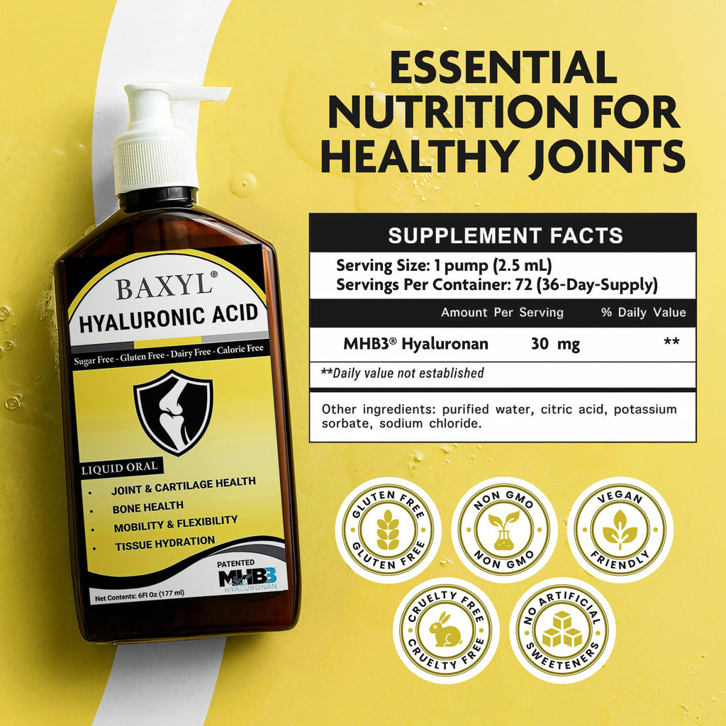 BAXYL Liquid Hyaluronic Acid Supplement — Flavorless, Vegan, 3 x 6 fl oz