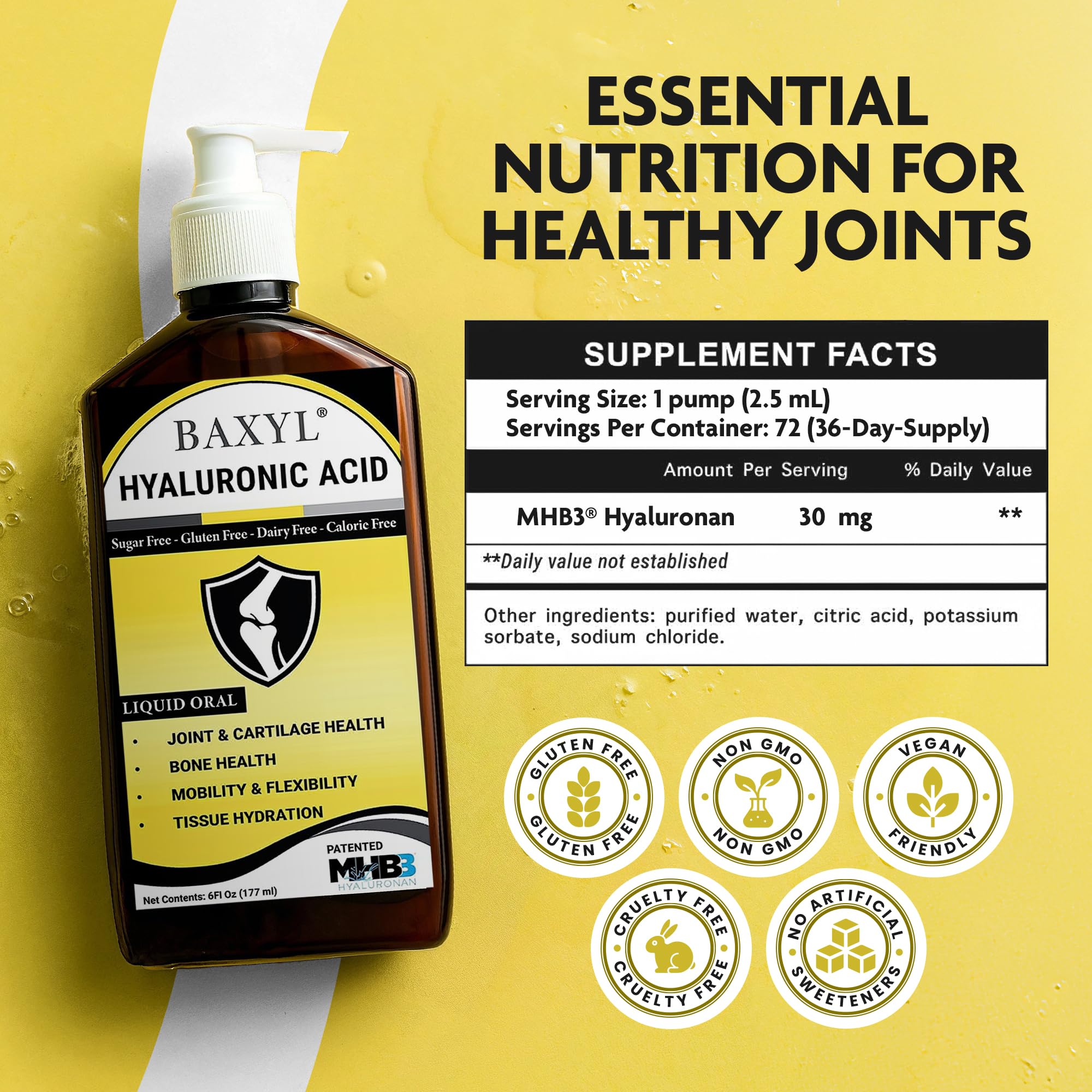 BAXYL Liquid Hyaluronic Acid Supplement — Flavorless, Vegan, 3 x 6 fl oz
