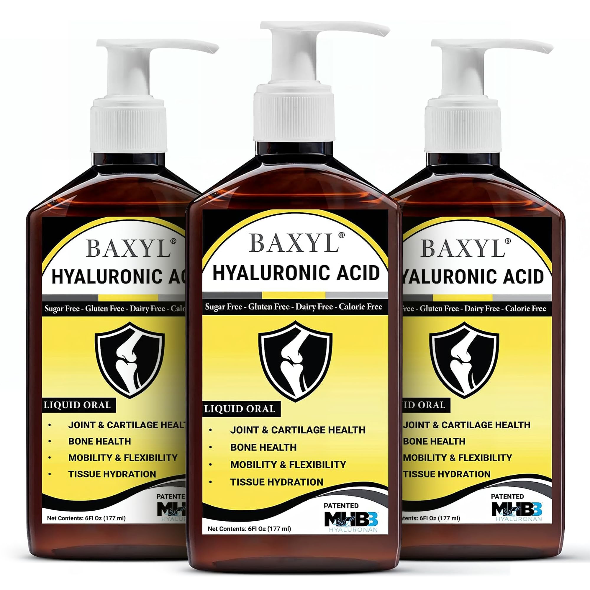 BAXYL Liquid Hyaluronic Acid Supplement — Flavorless, Vegan, 3 x 6 fl oz