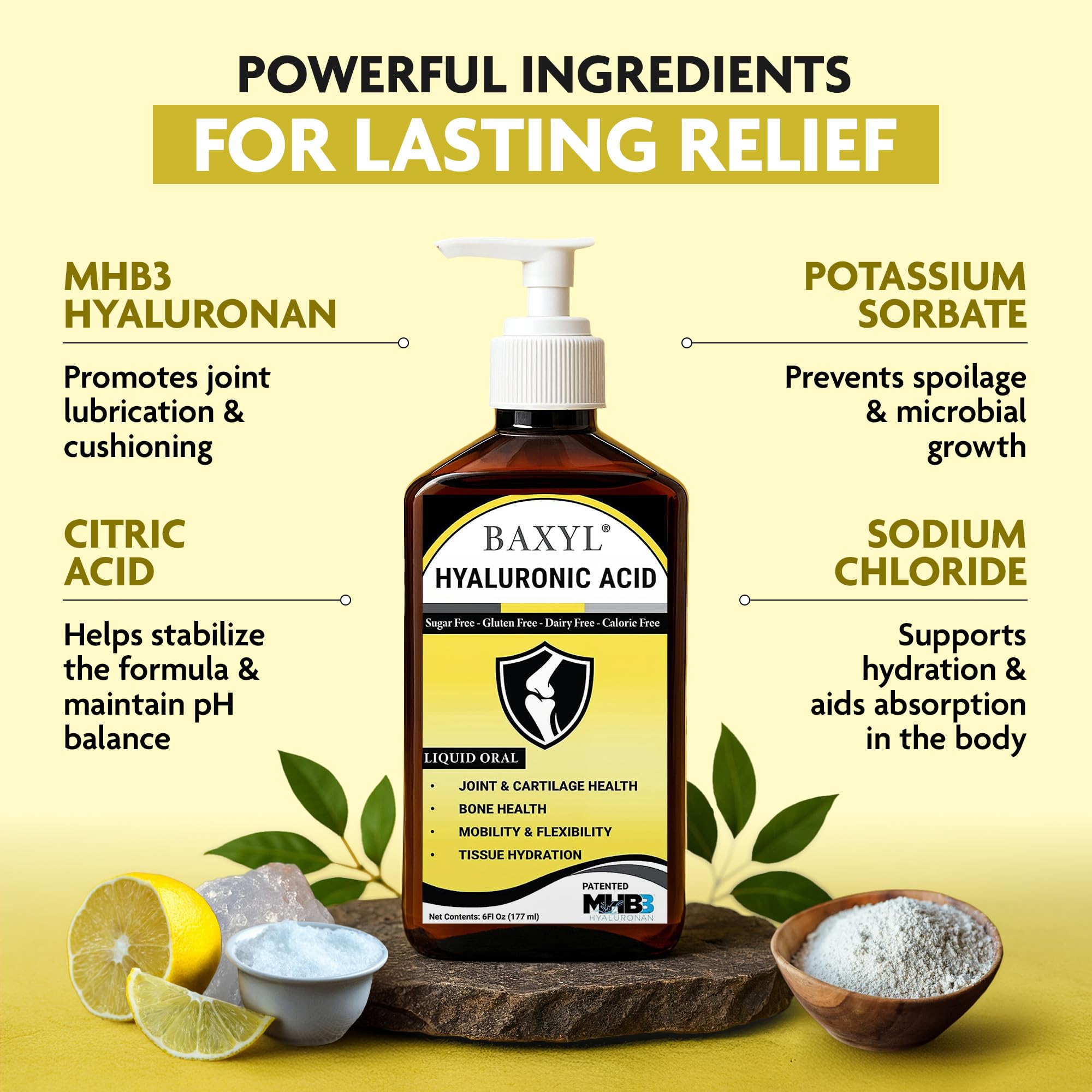 BAXYL Liquid Hyaluronic Acid Supplement — Flavorless, Vegan, 3 x 6 fl oz