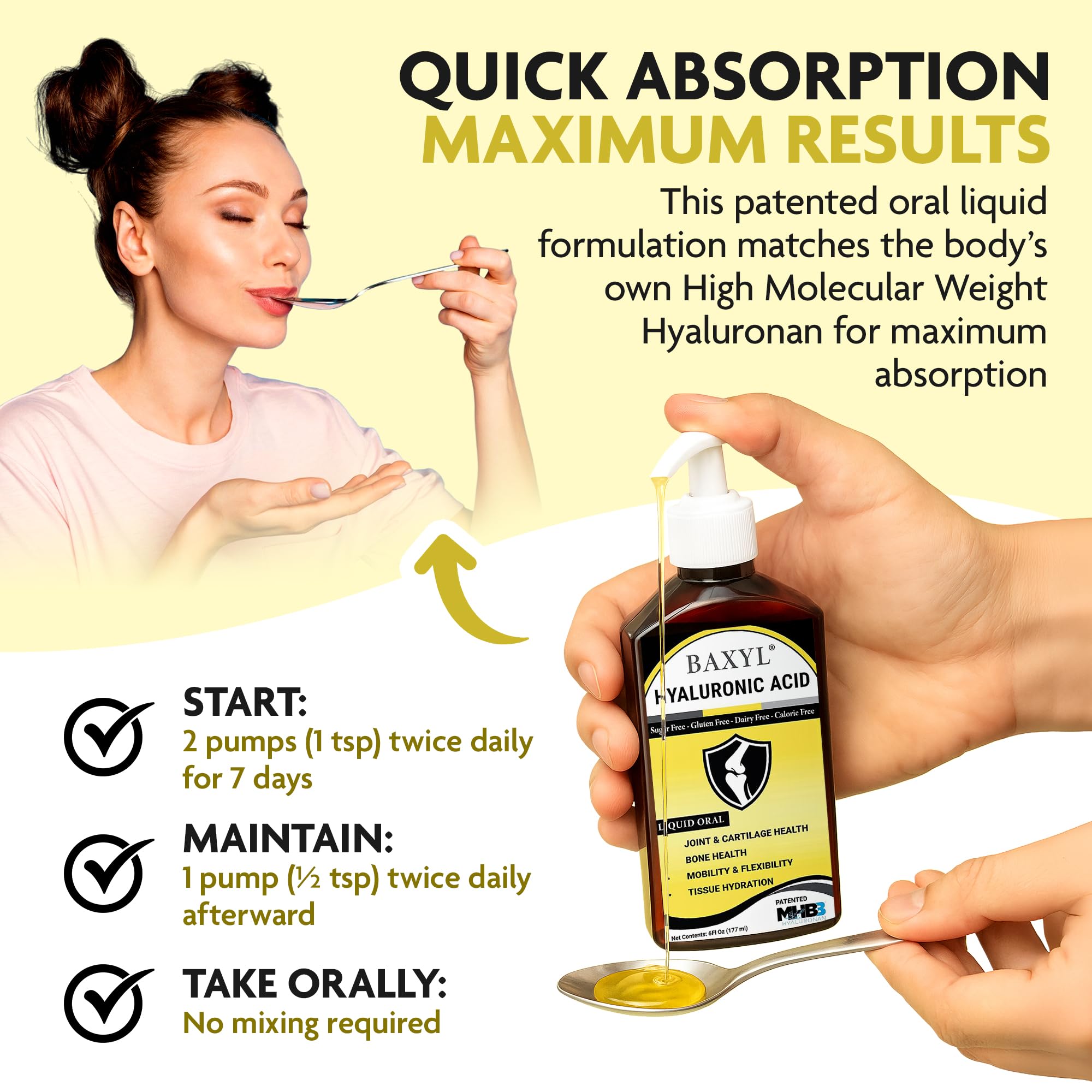 BAXYL Liquid Hyaluronic Acid Supplement — Flavorless, Vegan, 3 x 6 fl oz