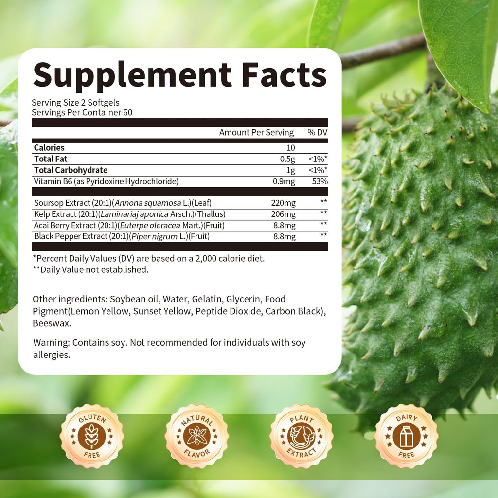 BBEEAAUU Soursop Graviola Capsules with Kelp – Immunity & Digestive Support (120 Count)