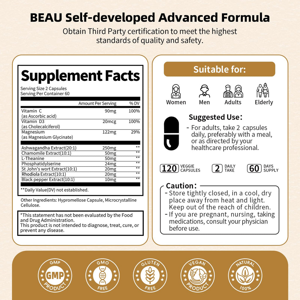 BBEEAAUU 10-in-1 Cortisol Reducer – Ashwagandha & Magnesium, 120 Capsules