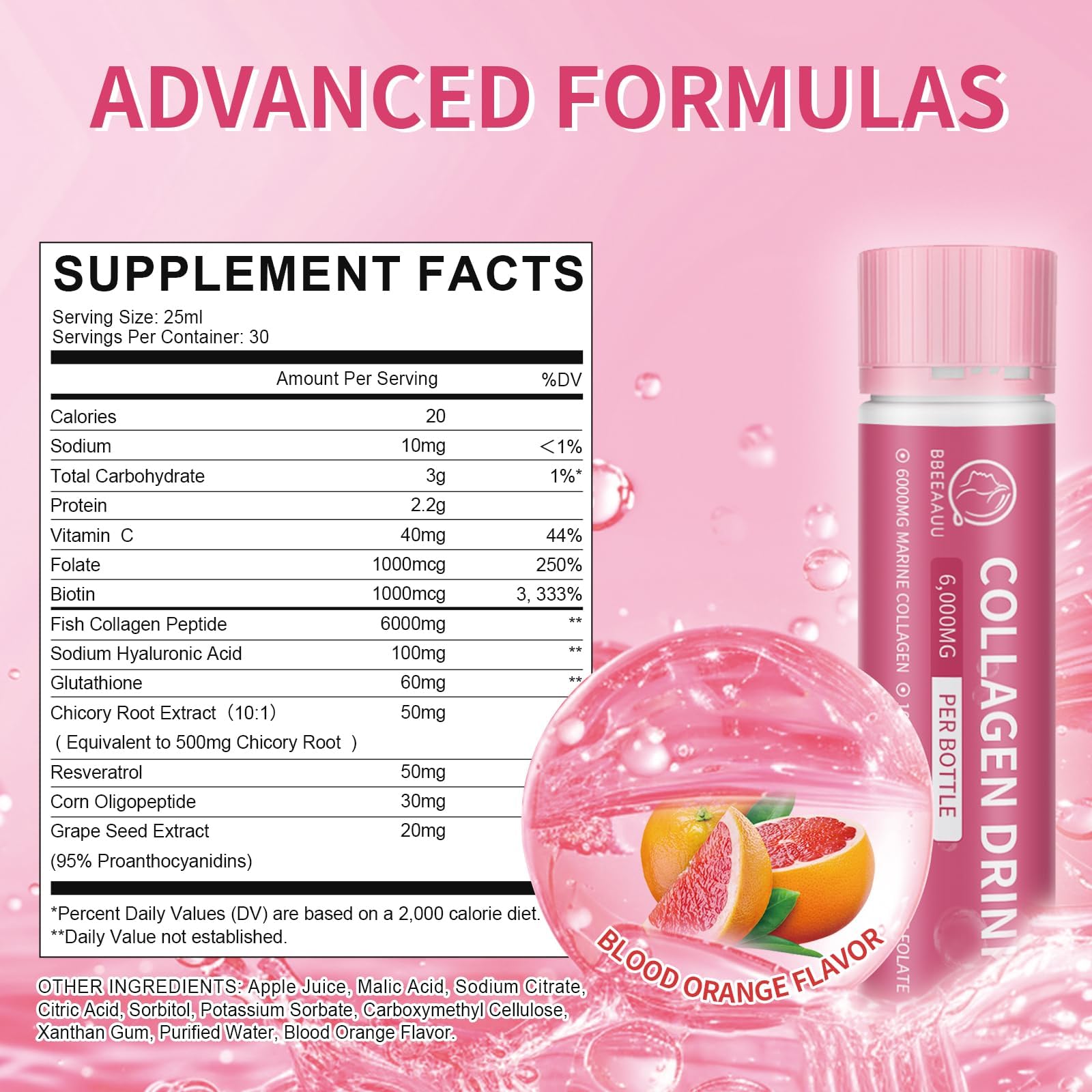 BBEEAAUU Collagen Drink 6000 mg Marine Collagen – Liquid Shots for Skin, Hair & Nails