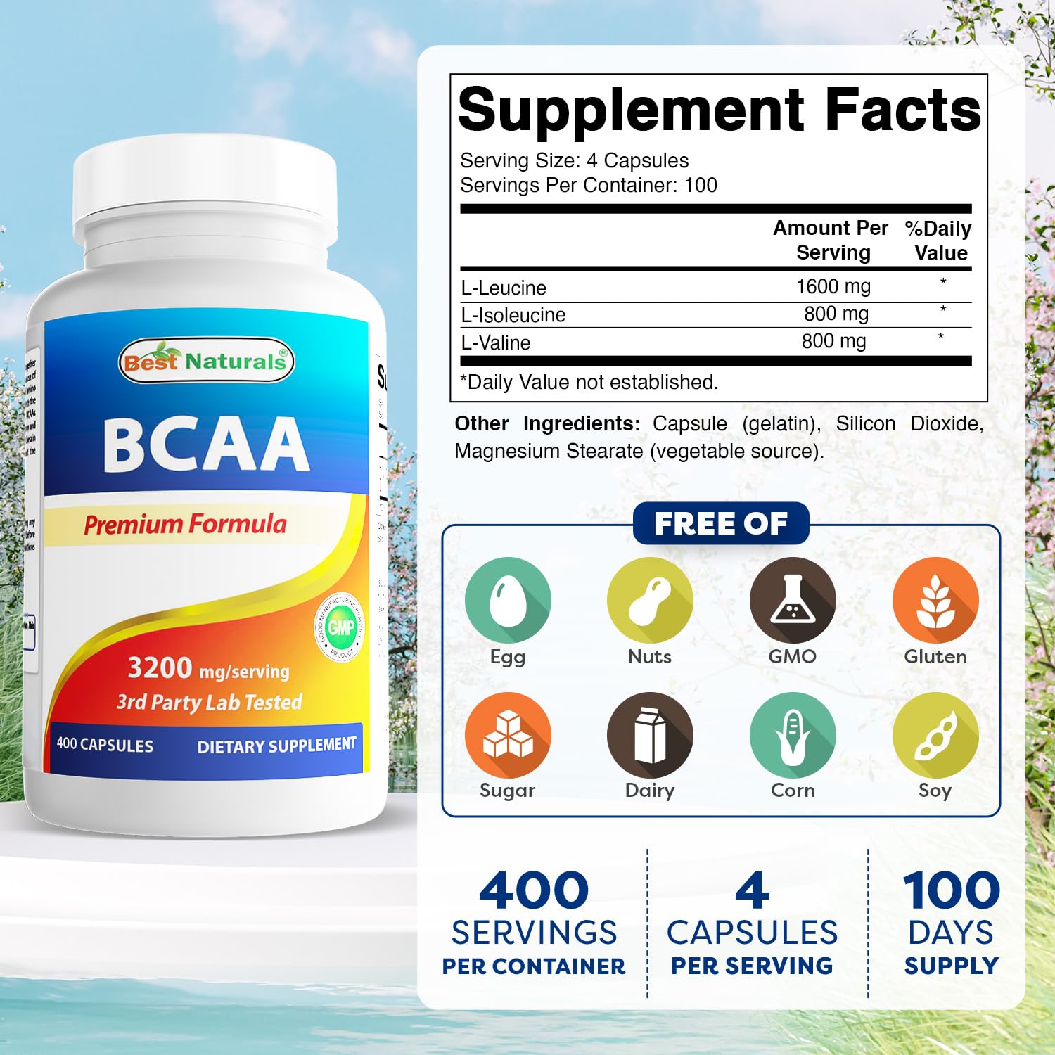 Best Naturals BCAA 3200mg | 400 Capsules | Pharmaceutical Grade | Instantized