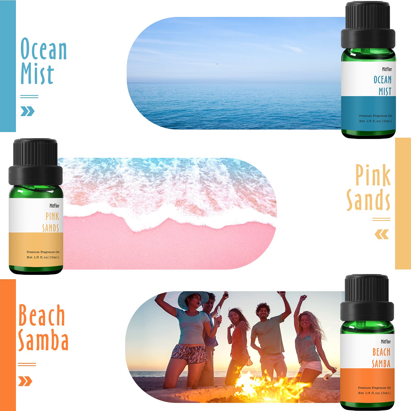 Beach Fragrance Oils by MitFlor – 6x10 ml Diffuser & Candle Oils