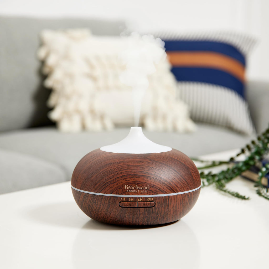Beachwood Essentials Ultrasonic Aromatherapy Diffuser 300mL – Therapeutic Grade, 16 Hours, 3-Timer, 7 Ambient Lights – White