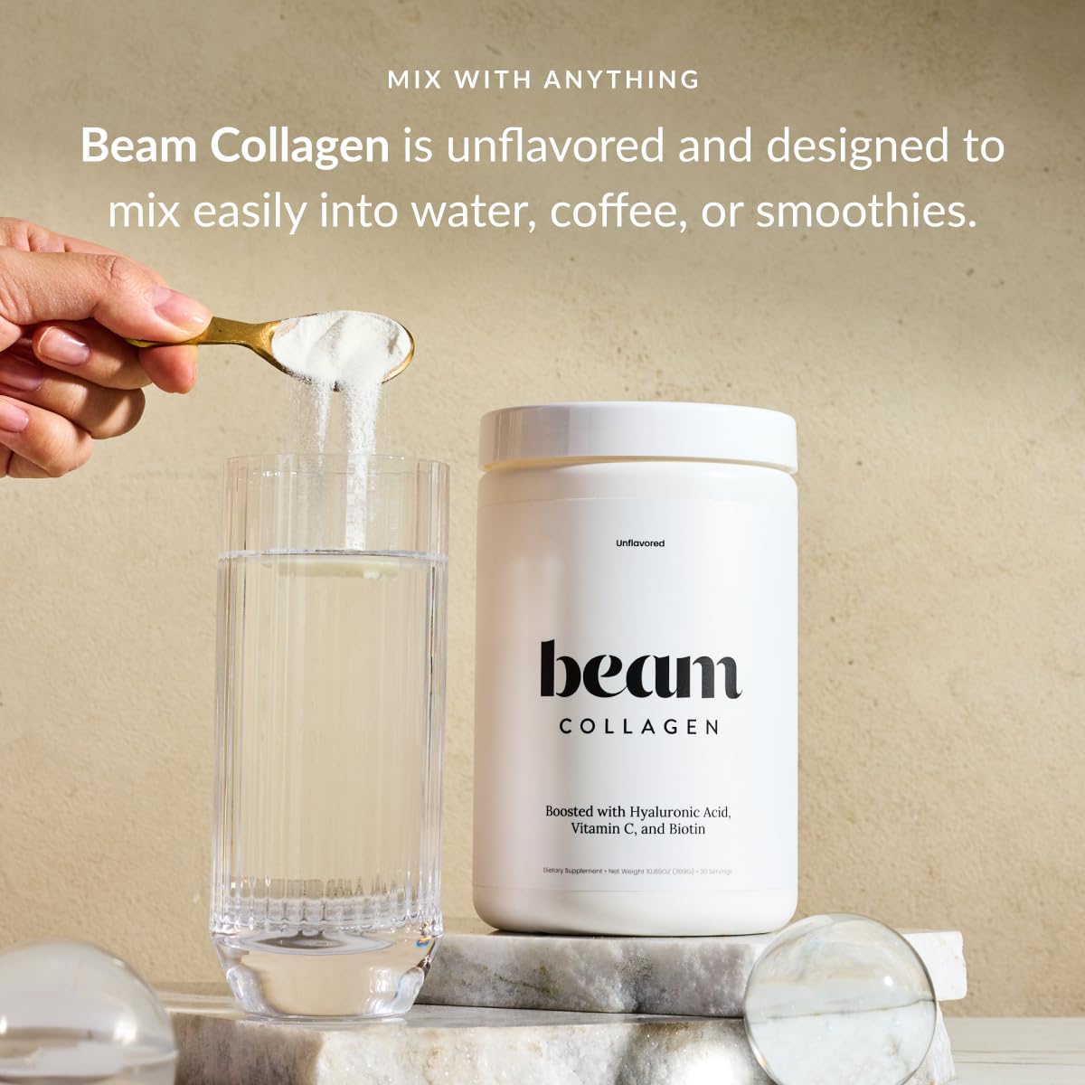Beam Collagen Powder for Women – Grass-Fed Collagen Peptides 1 & 3 with Hyaluronic Acid, Biotin, & Vitamin C | 30 Servings