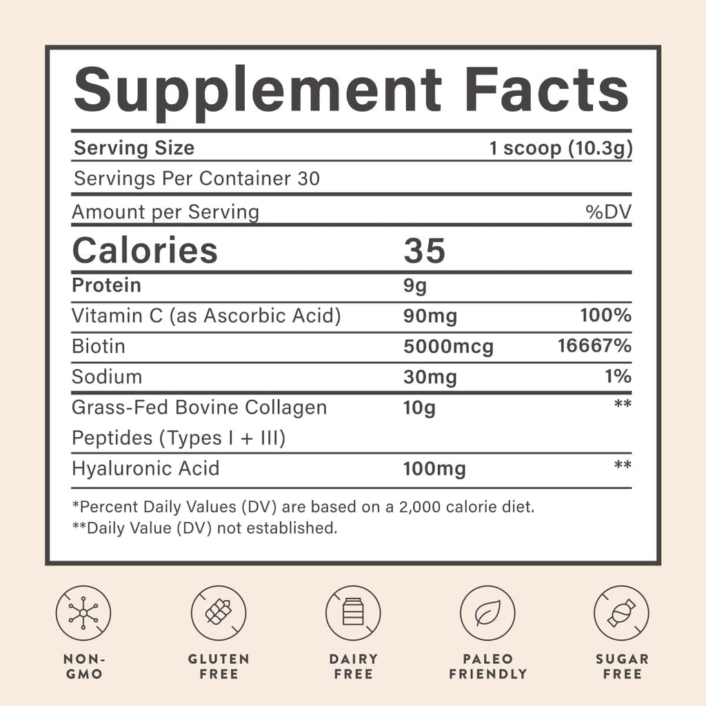 Beam Collagen Powder for Women with Hyaluronic Acid & Biotin – Grass-Fed, 60 Servings
