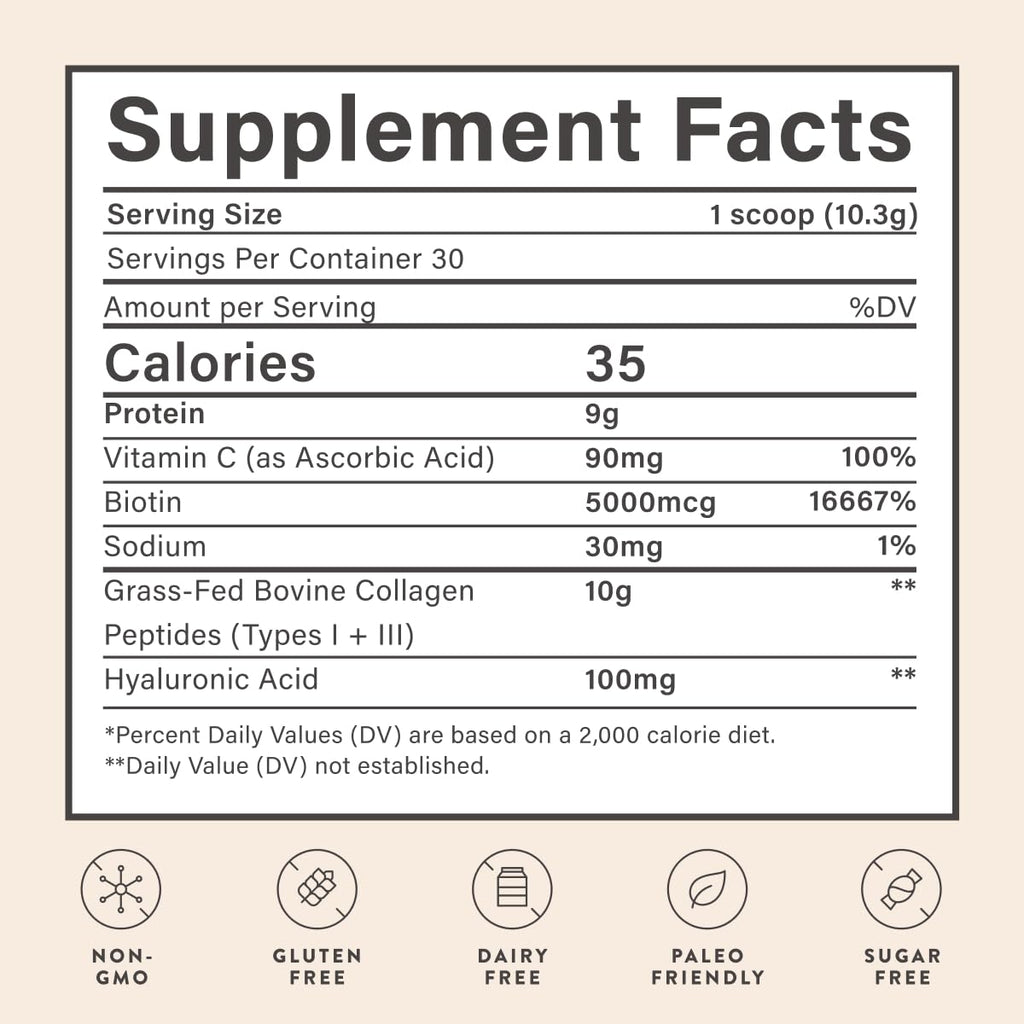 Beam Collagen Powder for Women – Grass-Fed Collagen Peptides 1 & 3 with Hyaluronic Acid, Biotin, & Vitamin C | 30 Servings