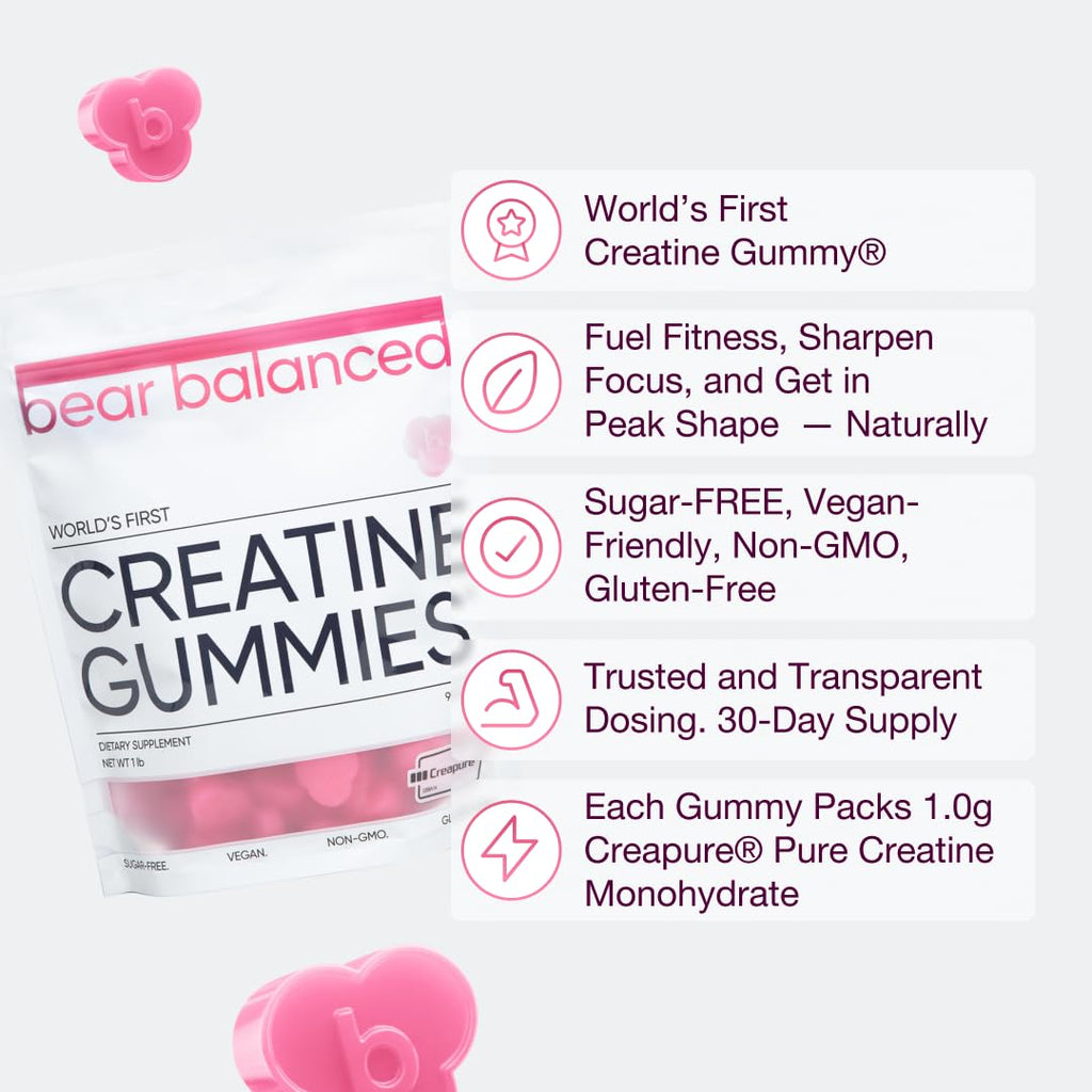 Bear Balanced Creatine Gummies with Creapure Monohydrate, L-Theanine & B12 – Focus, Energy & Strength (Vegan, Sugar-Free, Low-Calorie)