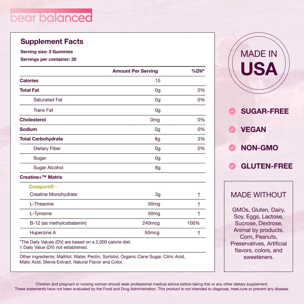 Bear Balanced Creatine Gummies with Creapure Monohydrate, L-Theanine & B12 – Focus, Energy & Strength (Vegan, Sugar-Free, Low-Calorie)