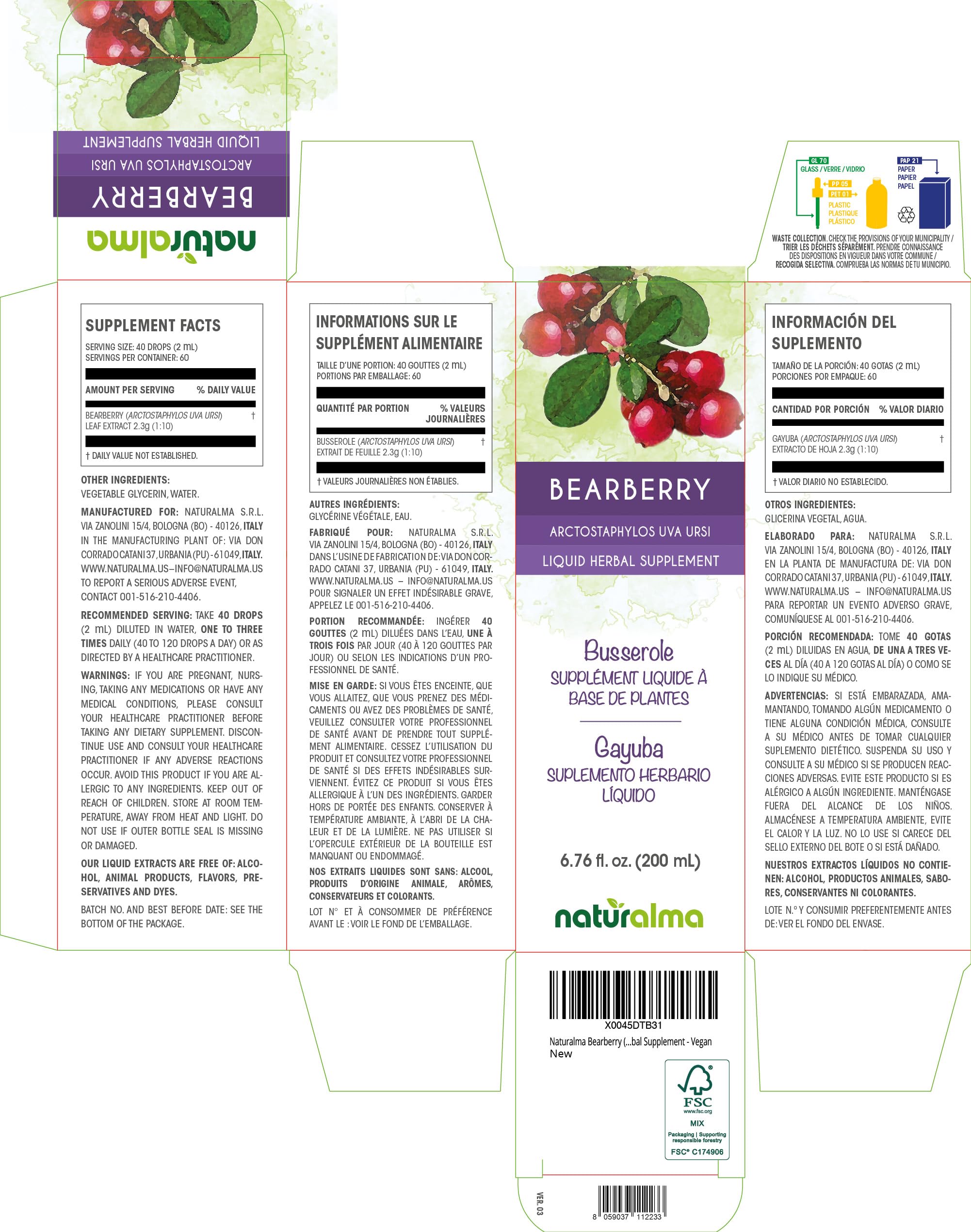 Naturalma Bearberry Leaf Tincture (Arctostaphylos uva-ursi) Alcohol-Free - 6.76 fl oz Drops | Vegan Herbal Supplement