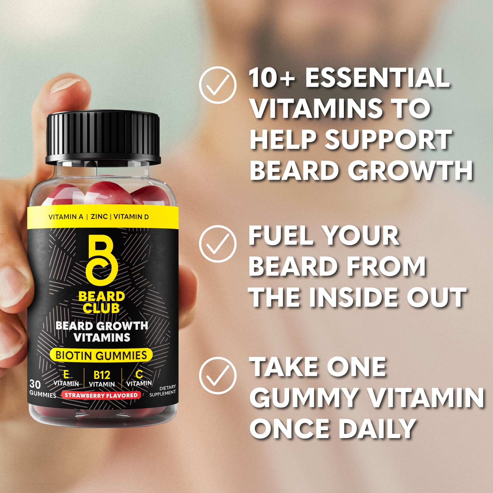 Beard Club Biotin Beard Growth Gummies – Men’s Vitamin for Thicker Beard (Biotin, B12, E & C) – Strawberry