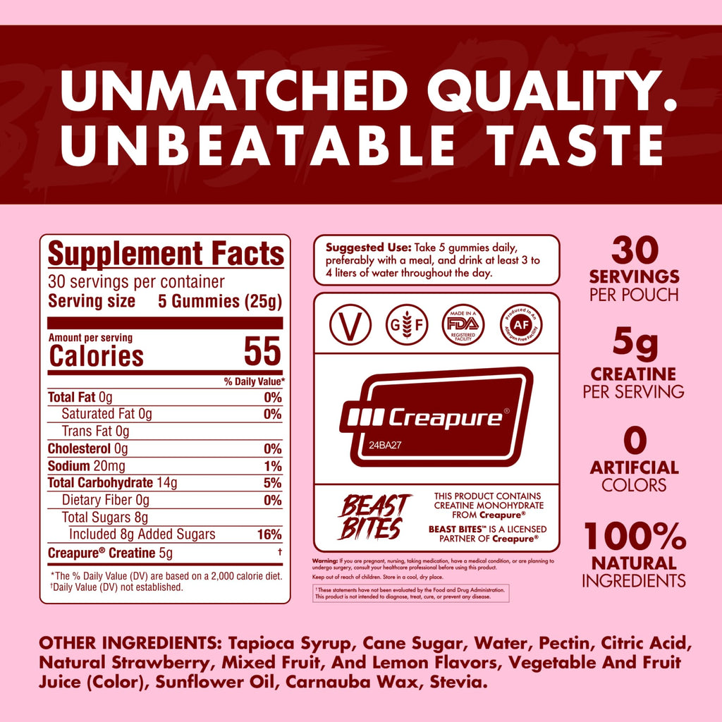 BEAST BITES Creatine Gummies - 5g Creapure Creatine Monohydrate per Serving | NSF Certified for Sport | 30 Servings