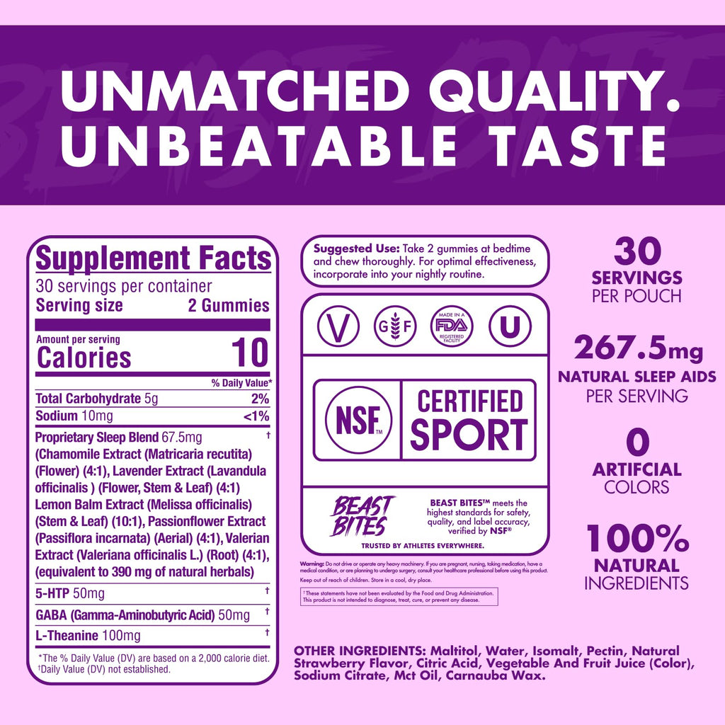 Beast Bites - Valerian Infused Sleep & Nighttime Recovery Gummies - NSF Certified for Sport - 30 Servings